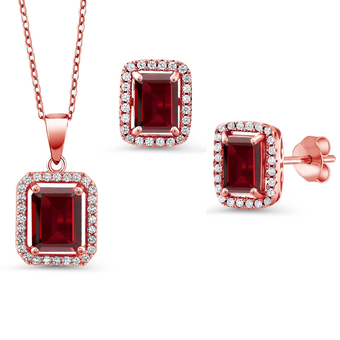 9X7MM and 8X6MM Emerald Cut Gemstone Birthstone Halo Pendant and Halo Earrings Jewelry Set For Women | 925 Sterling Silver | With 18 Inch Silver Chain