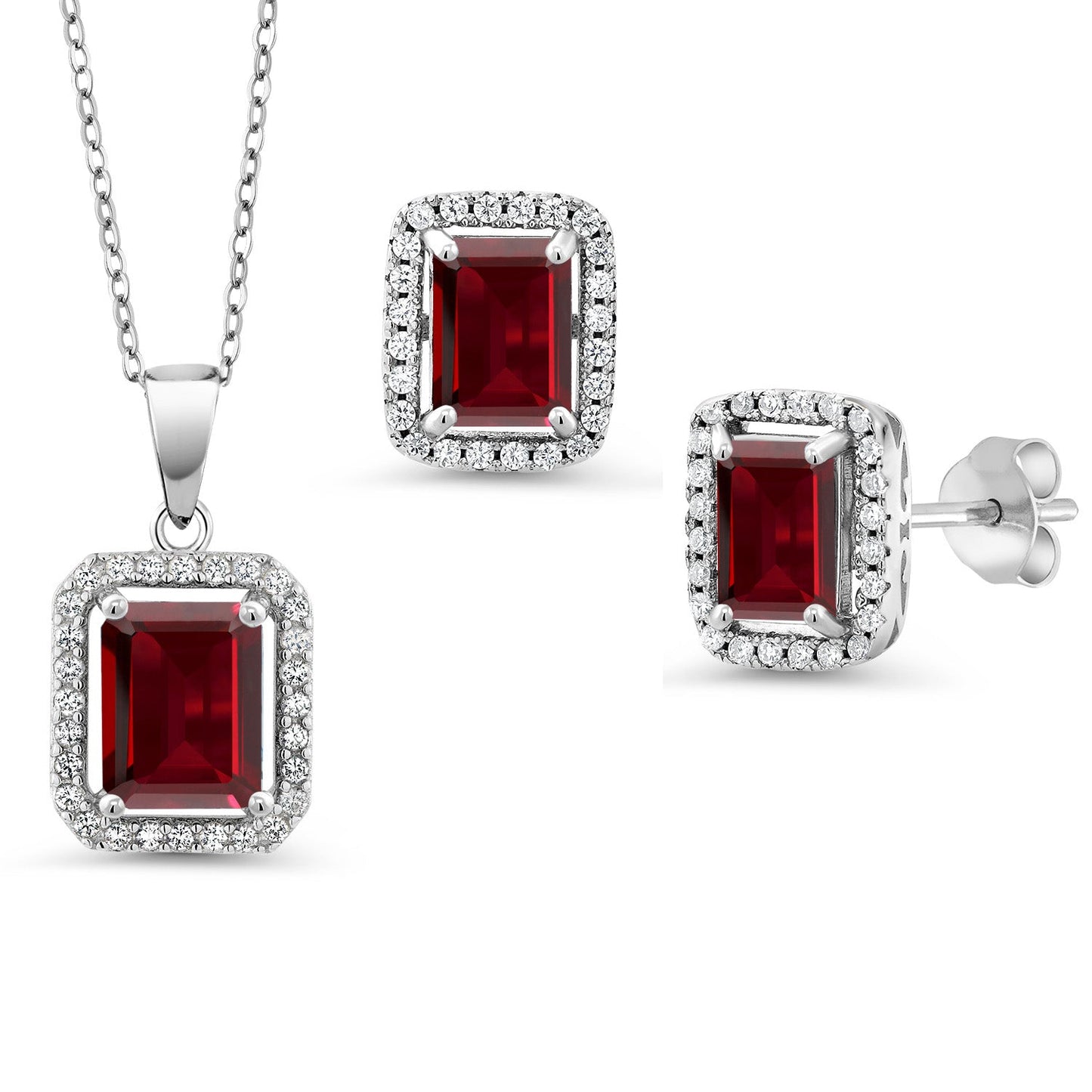 9X7MM and 8X6MM Emerald Cut Gemstone Birthstone Halo Pendant and Halo Earrings Jewelry Set For Women | 925 Sterling Silver | With 18 Inch Silver Chain
