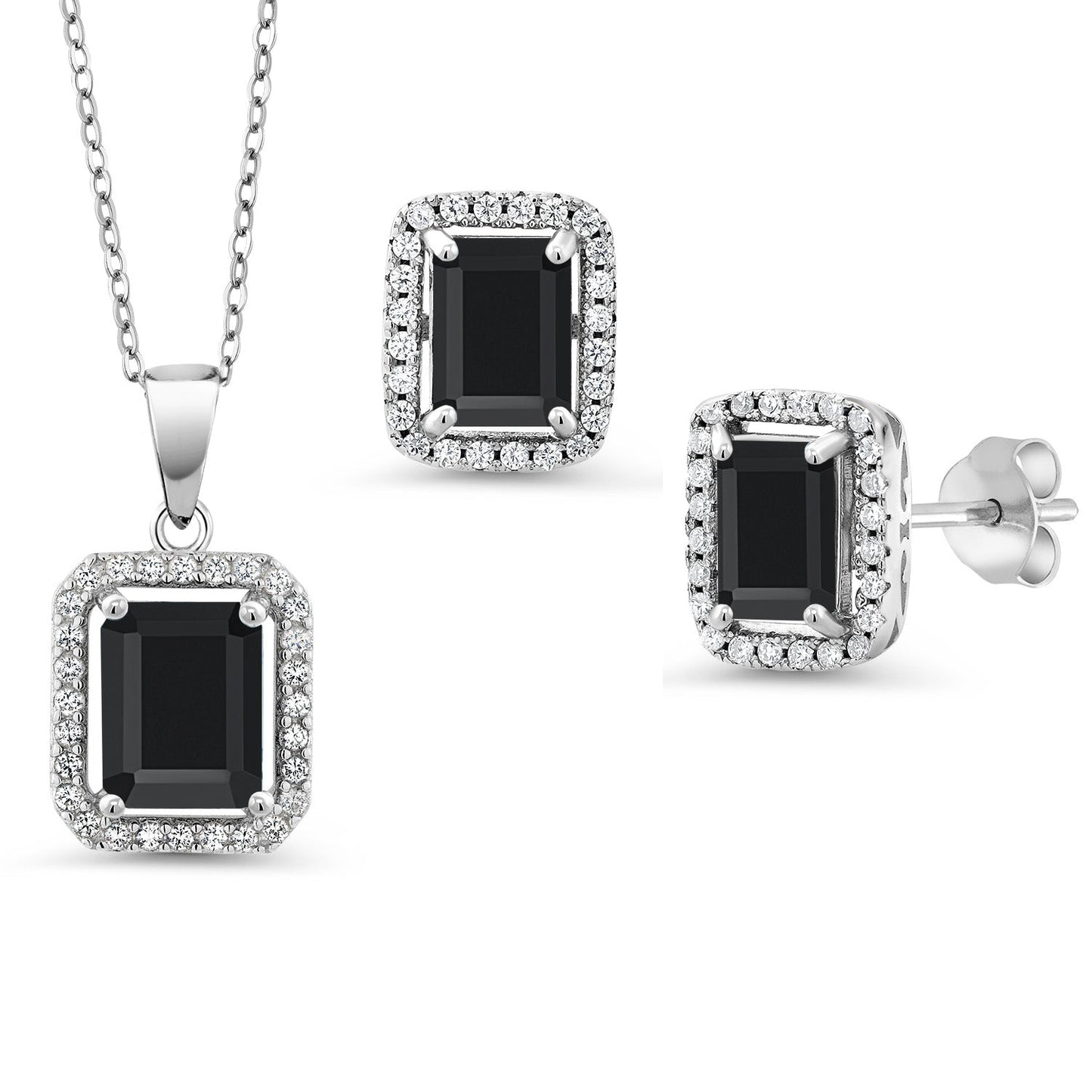 9X7MM and 8X6MM Emerald Cut Gemstone Birthstone Halo Pendant and Halo Earrings Jewelry Set For Women | 925 Sterling Silver | With 18 Inch Silver Chain