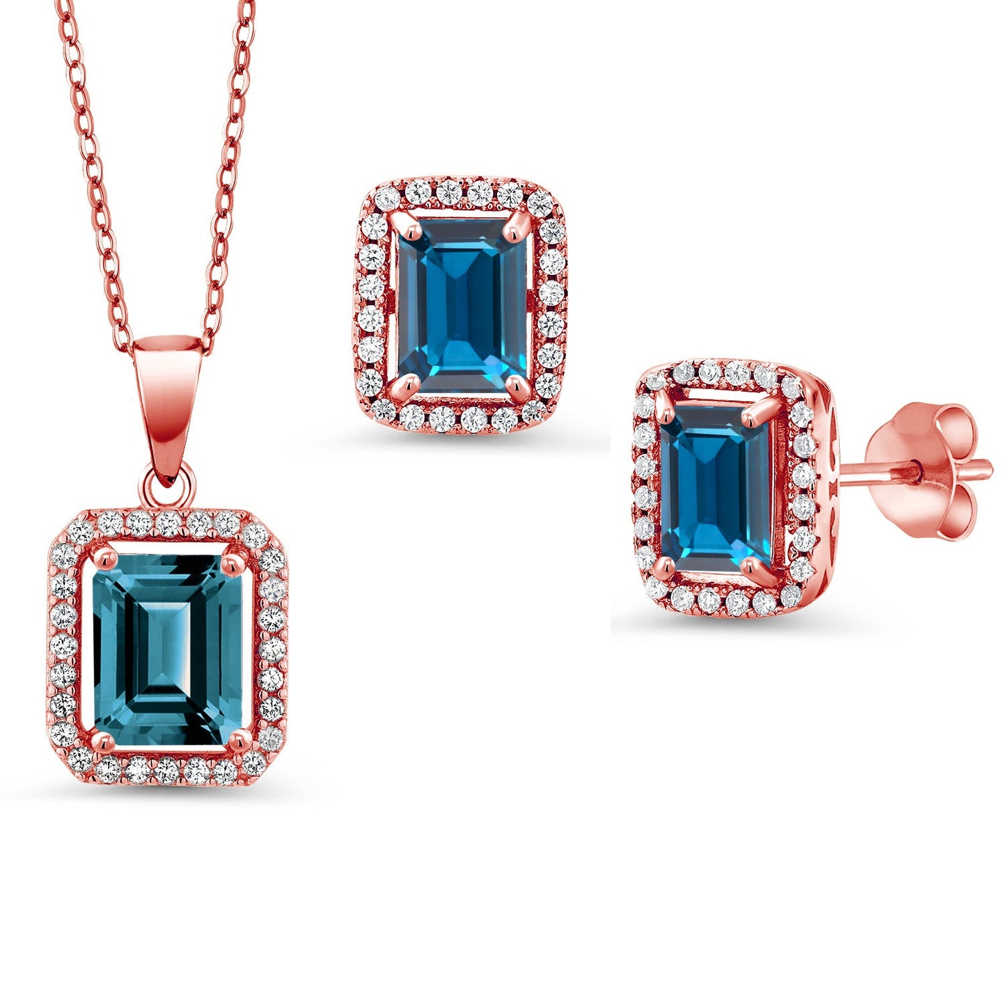 9X7MM and 8X6MM Emerald Cut Gemstone Birthstone Halo Pendant and Halo Earrings Jewelry Set For Women | 925 Sterling Silver | With 18 Inch Silver Chain