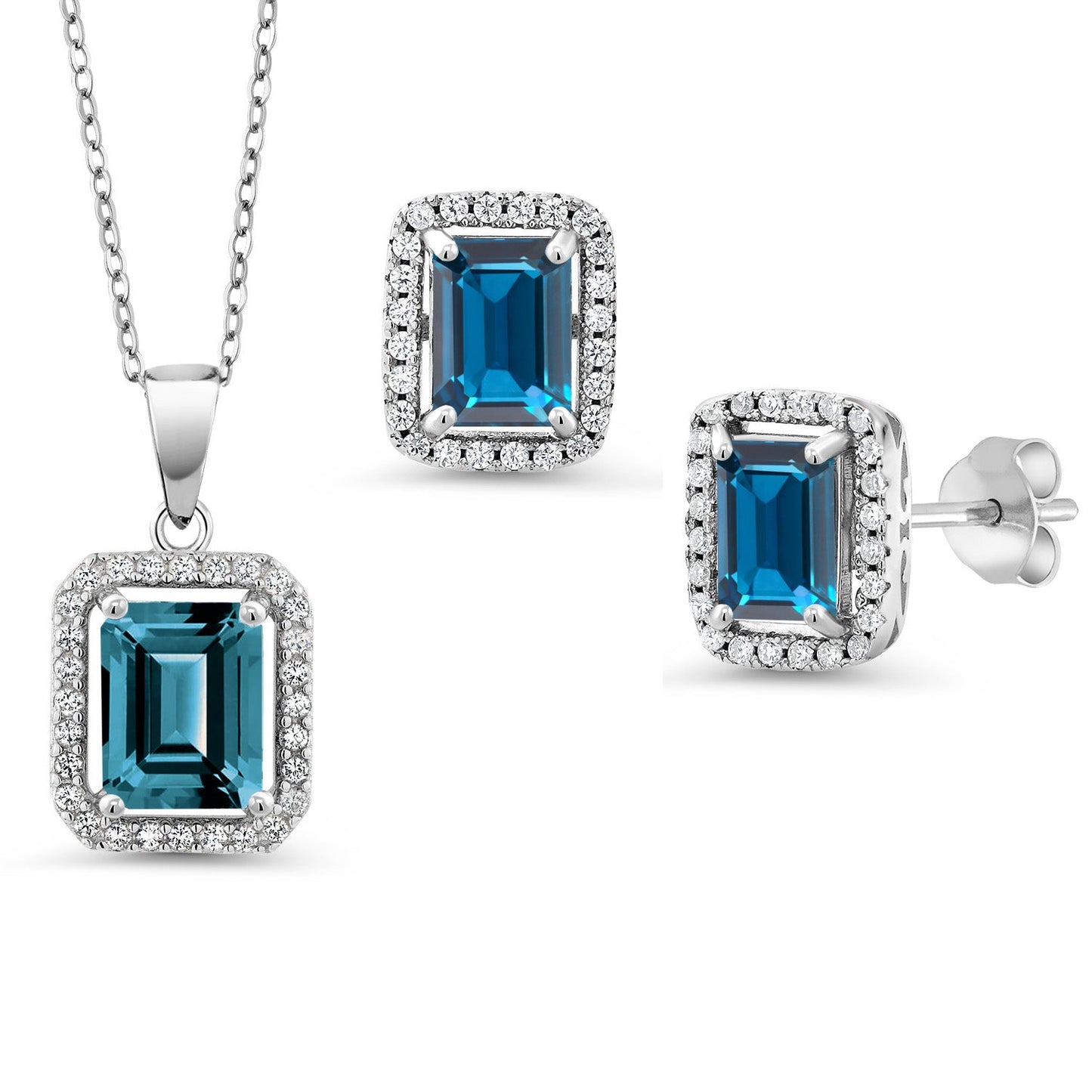 9X7MM and 8X6MM Emerald Cut Gemstone Birthstone Halo Pendant and Halo Earrings Jewelry Set For Women | 925 Sterling Silver | With 18 Inch Silver Chain