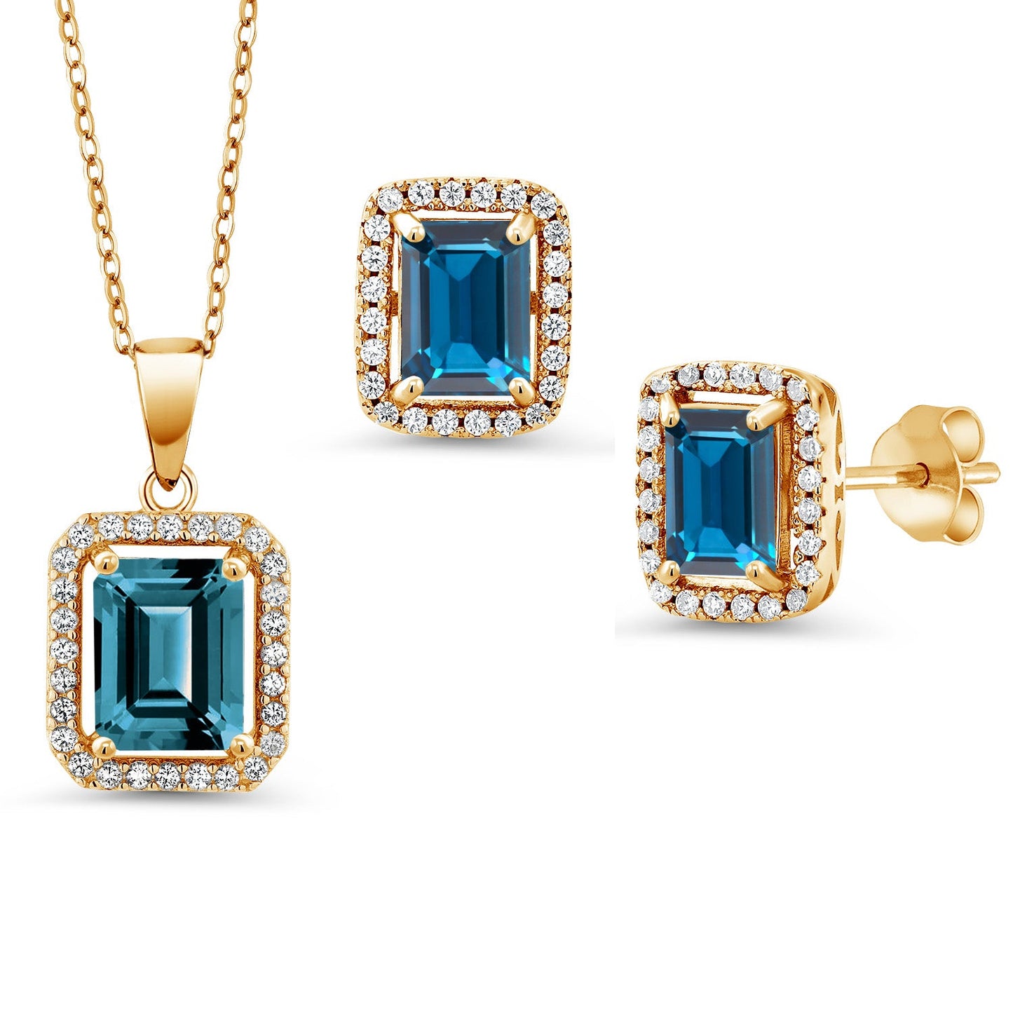 9X7MM and 8X6MM Emerald Cut Gemstone Birthstone Halo Pendant and Halo Earrings Jewelry Set For Women | 925 Sterling Silver | With 18 Inch Silver Chain