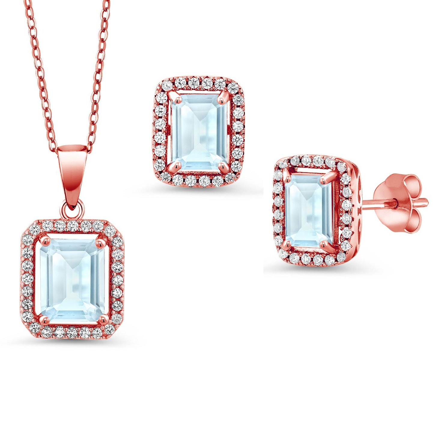 9X7MM and 8X6MM Emerald Cut Gemstone Birthstone Halo Pendant and Halo Earrings Jewelry Set For Women | 925 Sterling Silver | With 18 Inch Silver Chain