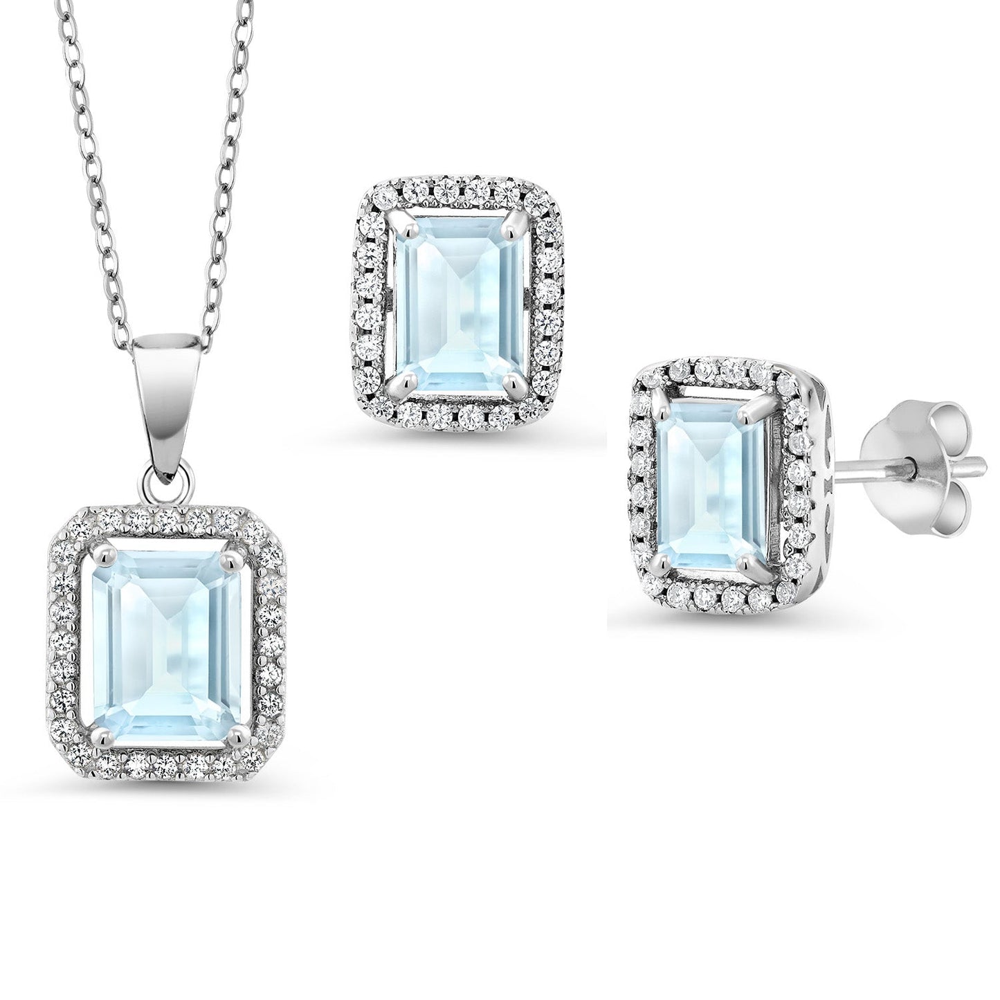 9X7MM and 8X6MM Emerald Cut Gemstone Birthstone Halo Pendant and Halo Earrings Jewelry Set For Women | 925 Sterling Silver | With 18 Inch Silver Chain