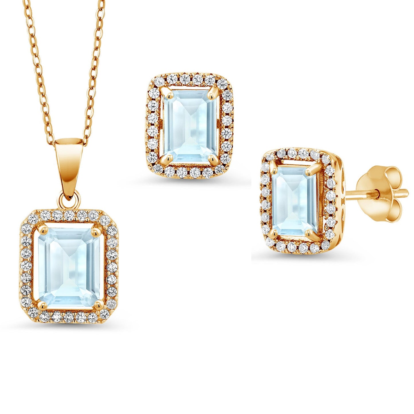 9X7MM and 8X6MM Emerald Cut Gemstone Birthstone Halo Pendant and Halo Earrings Jewelry Set For Women | 925 Sterling Silver | With 18 Inch Silver Chain