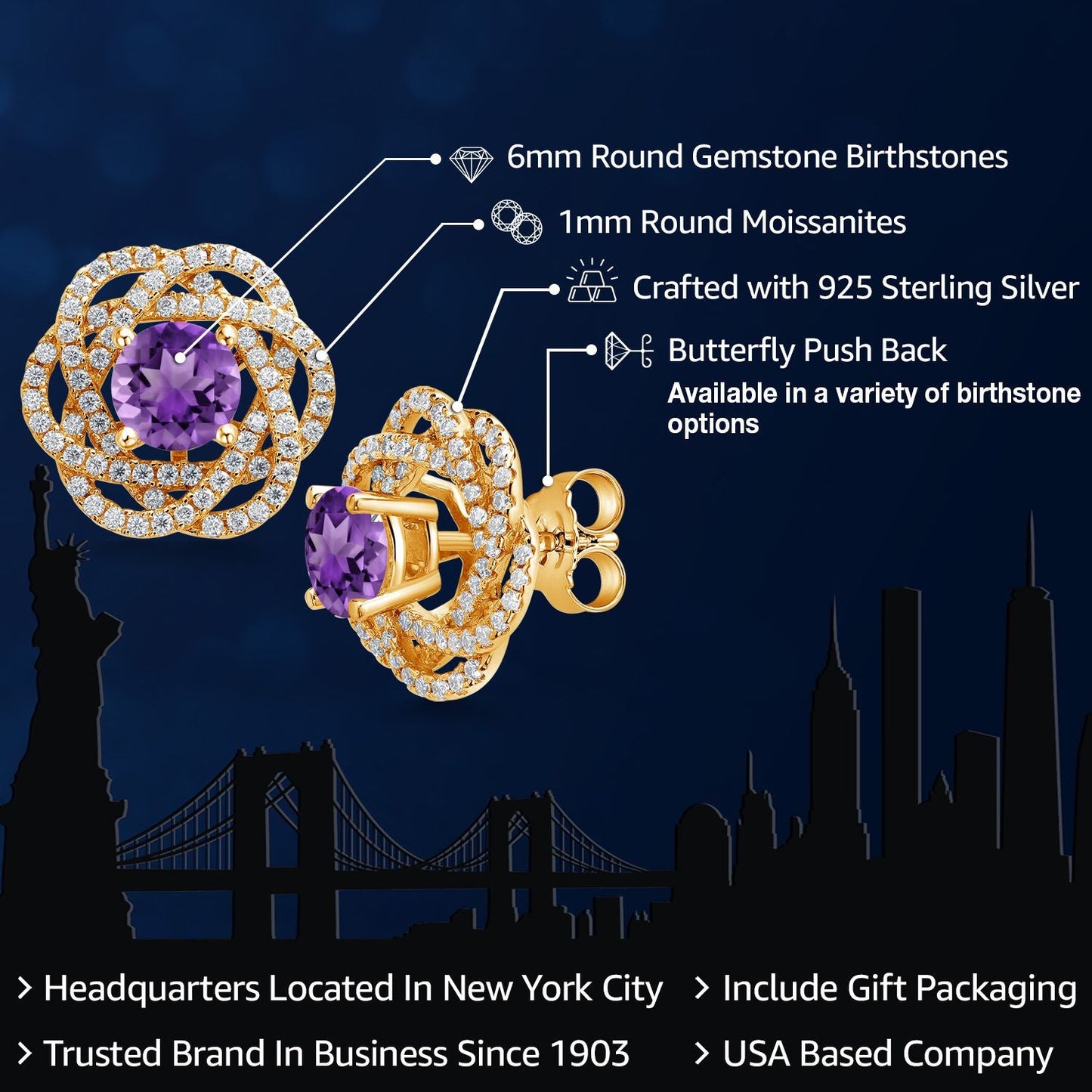 18K Yellow Gold Plated Silver Round 6MM Gemstone Birthstone Stud Earrings with White Moissanite Removable Earrings Jackets For Women