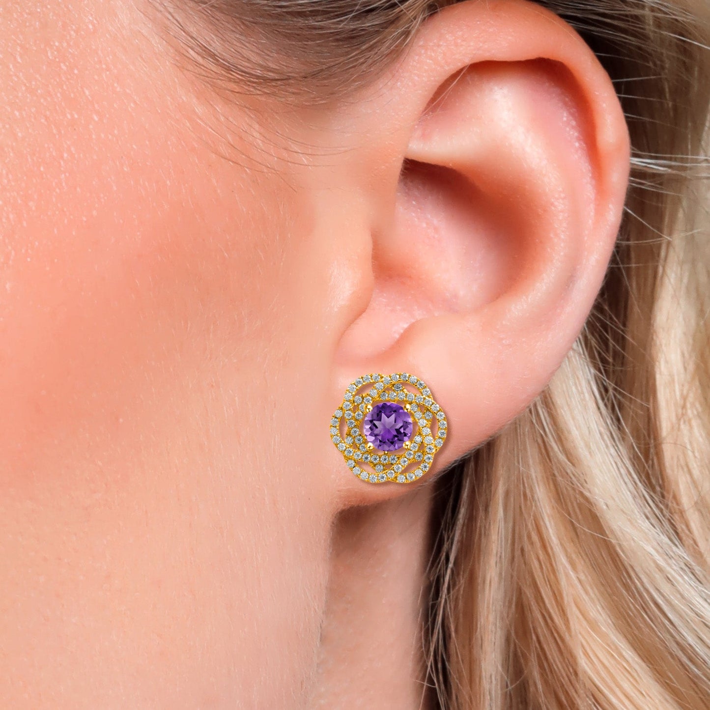 18K Yellow Gold Plated Silver Round 6MM Gemstone Birthstone Stud Earrings with White Moissanite Removable Earrings Jackets For Women