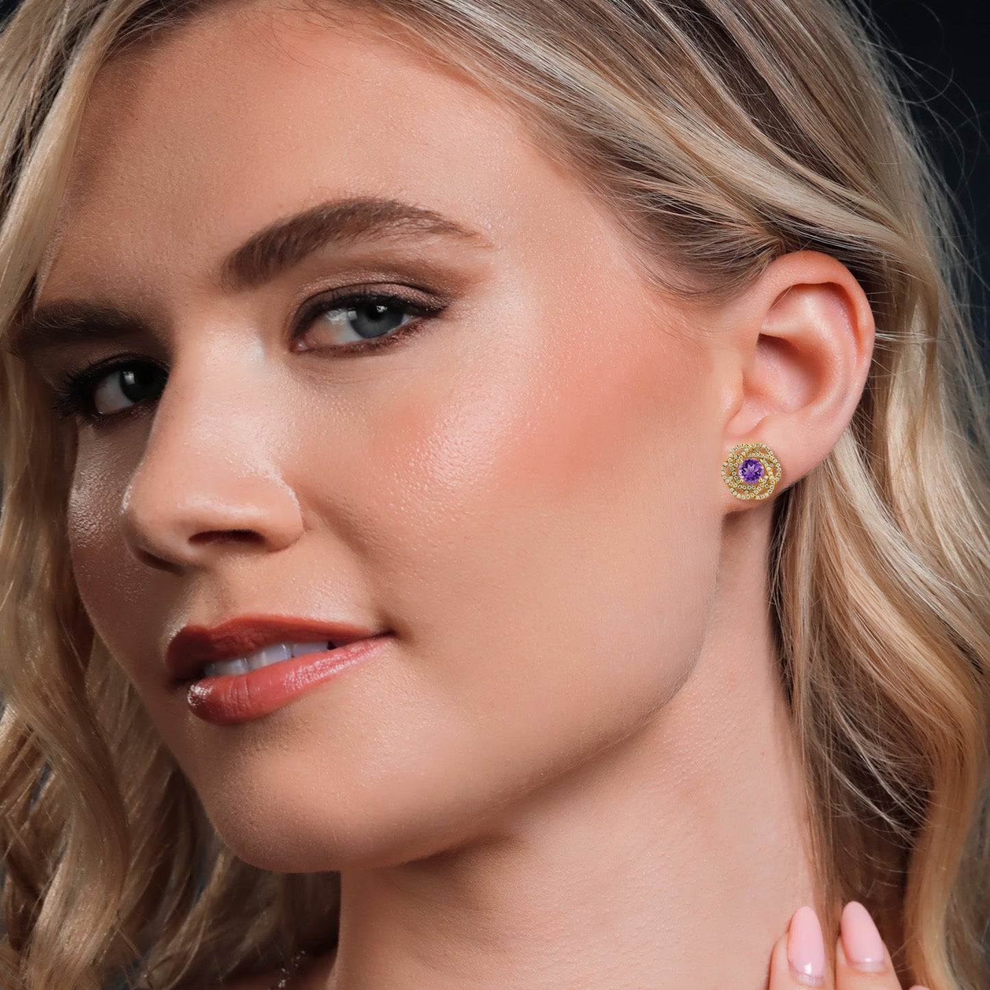 18K Yellow Gold Plated Silver Round 6MM Gemstone Birthstone Stud Earrings with White Moissanite Removable Earrings Jackets For Women