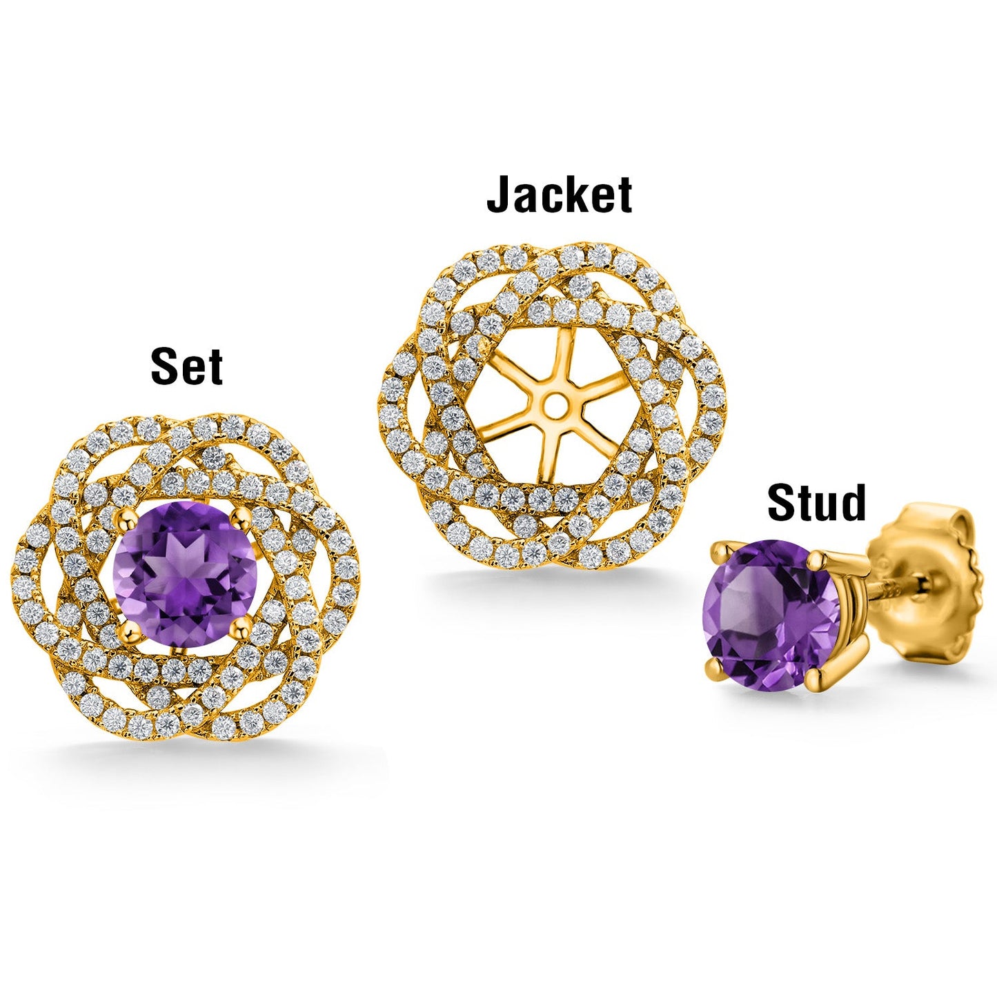 18K Yellow Gold Plated Silver Round 6MM Gemstone Birthstone Stud Earrings with White Moissanite Removable Earrings Jackets For Women