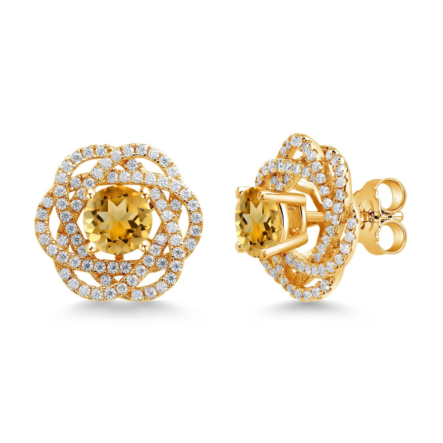 18K Yellow Gold Plated Silver Round 6MM Gemstone Birthstone Stud Earrings with White Moissanite Removable Earrings Jackets For Women