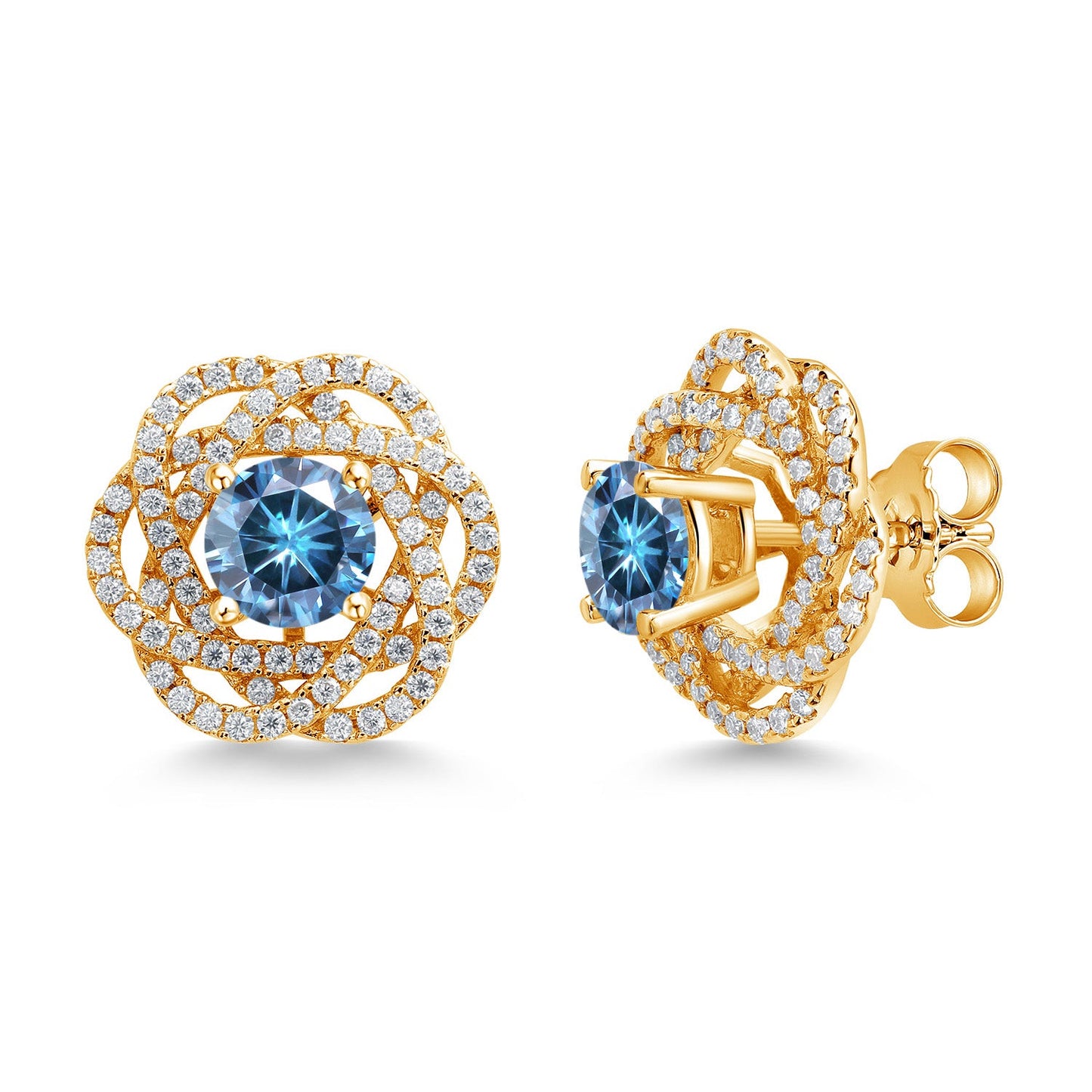 18K Yellow Gold Plated Silver Round 6MM Gemstone Birthstone Stud Earrings with White Moissanite Removable Earrings Jackets For Women