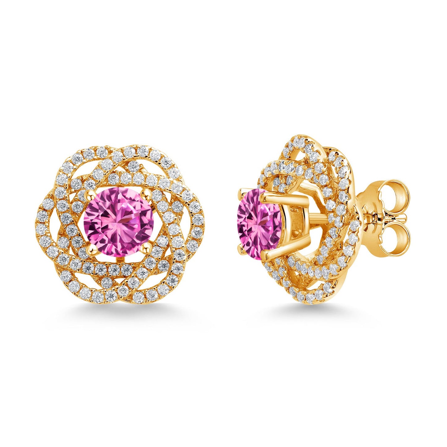 18K Yellow Gold Plated Silver Round 6MM Gemstone Birthstone Stud Earrings with White Moissanite Removable Earrings Jackets For Women