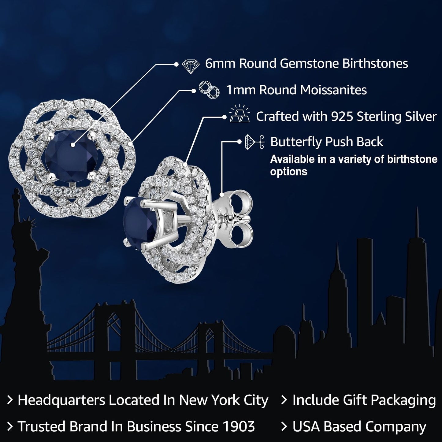 925 Sterling Silver Round 6MM Gemstone Birthstone Stud Earrings with White Moissanite Removable Earrings Jackets For Women