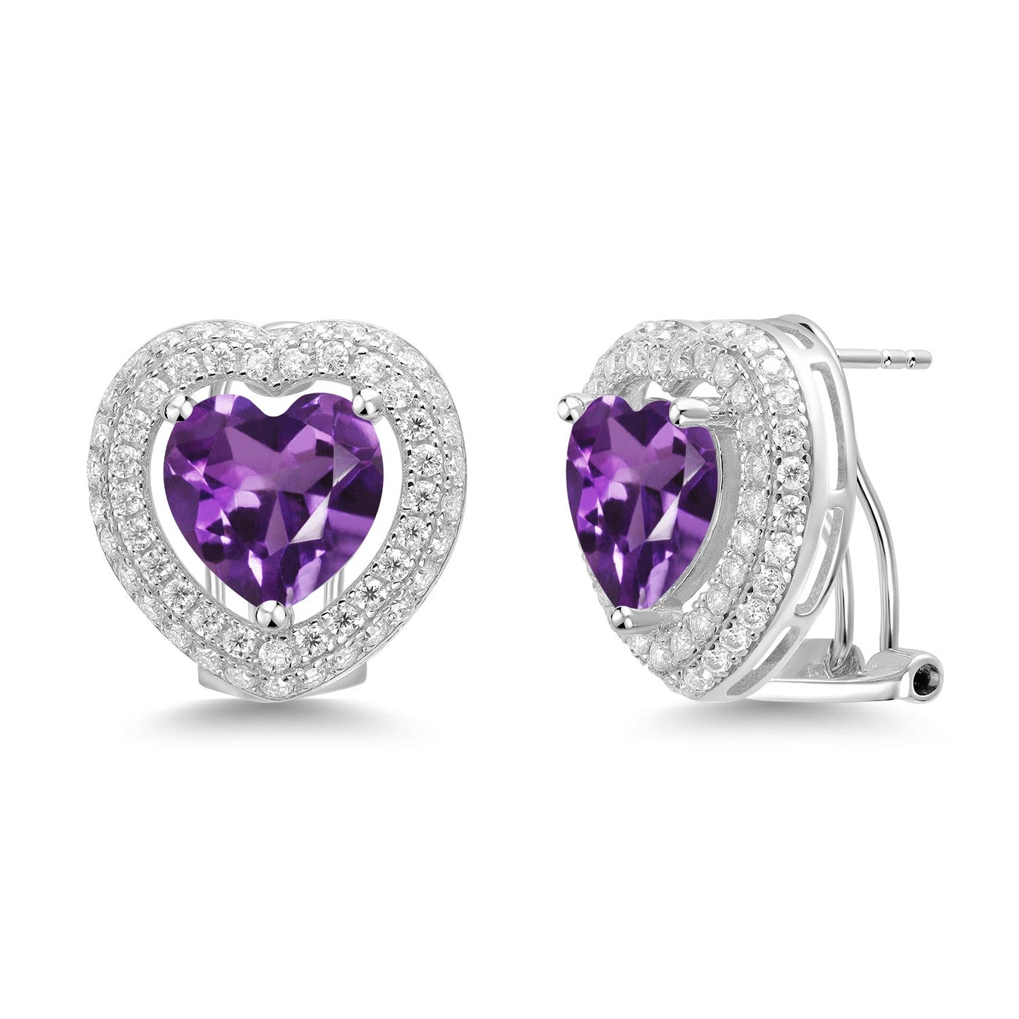 925 Sterling Silver 10MM Heart Shape Gemstone Birthstone and White Moissanite Post Clip Earrings For Women