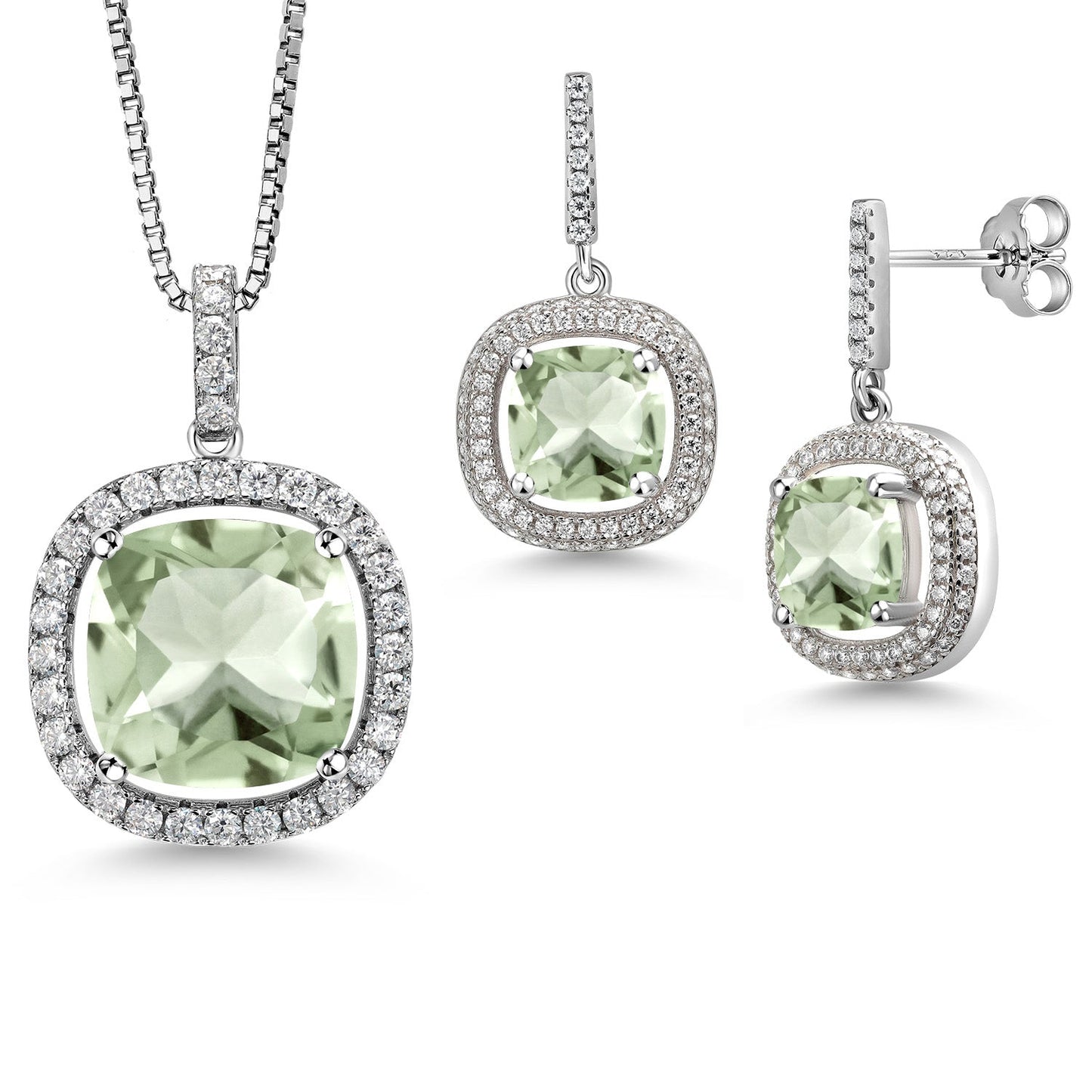 13-20 Cttw Halo Pendant Necklace and Dangle Earrings Set For Women | 925 Sterling Silver | 14MM and 8MM Cushion Cut Gemstone Birthstone and White Moissanite | With 18 inch Chain