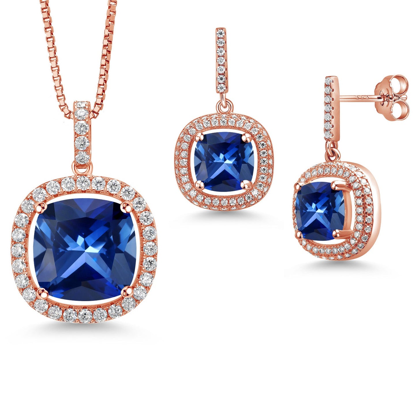 13-20 Cttw Halo Pendant Necklace and Dangle Earrings Set For Women | 925 Sterling Silver | 14MM and 8MM Cushion Cut Gemstone Birthstone and White Moissanite | With 18 inch Chain