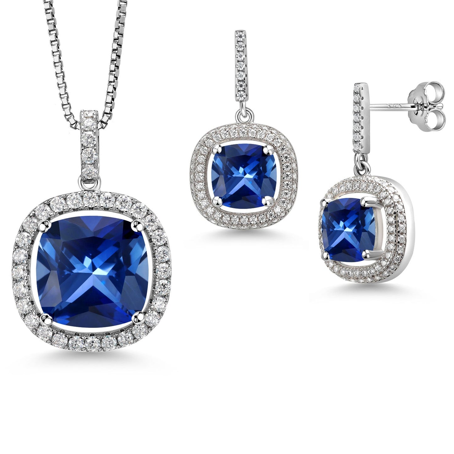 13-20 Cttw Halo Pendant Necklace and Dangle Earrings Set For Women | 925 Sterling Silver | 14MM and 8MM Cushion Cut Gemstone Birthstone and White Moissanite | With 18 inch Chain