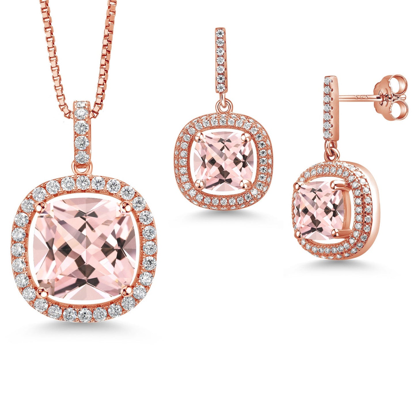 13-20 Cttw Halo Pendant Necklace and Dangle Earrings Set For Women | 925 Sterling Silver | 14MM and 8MM Cushion Cut Gemstone Birthstone and White Moissanite | With 18 inch Chain