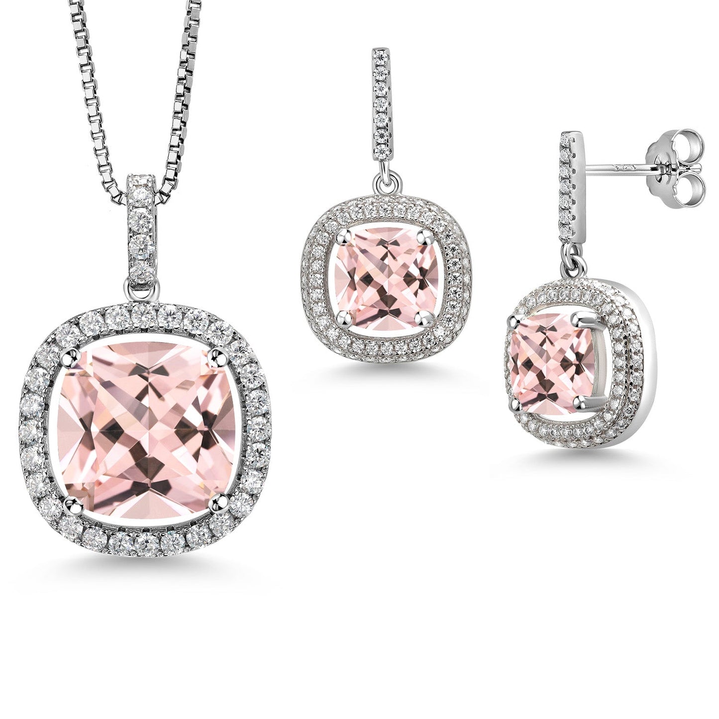 13-20 Cttw Halo Pendant Necklace and Dangle Earrings Set For Women | 925 Sterling Silver | 14MM and 8MM Cushion Cut Gemstone Birthstone and White Moissanite | With 18 inch Chain