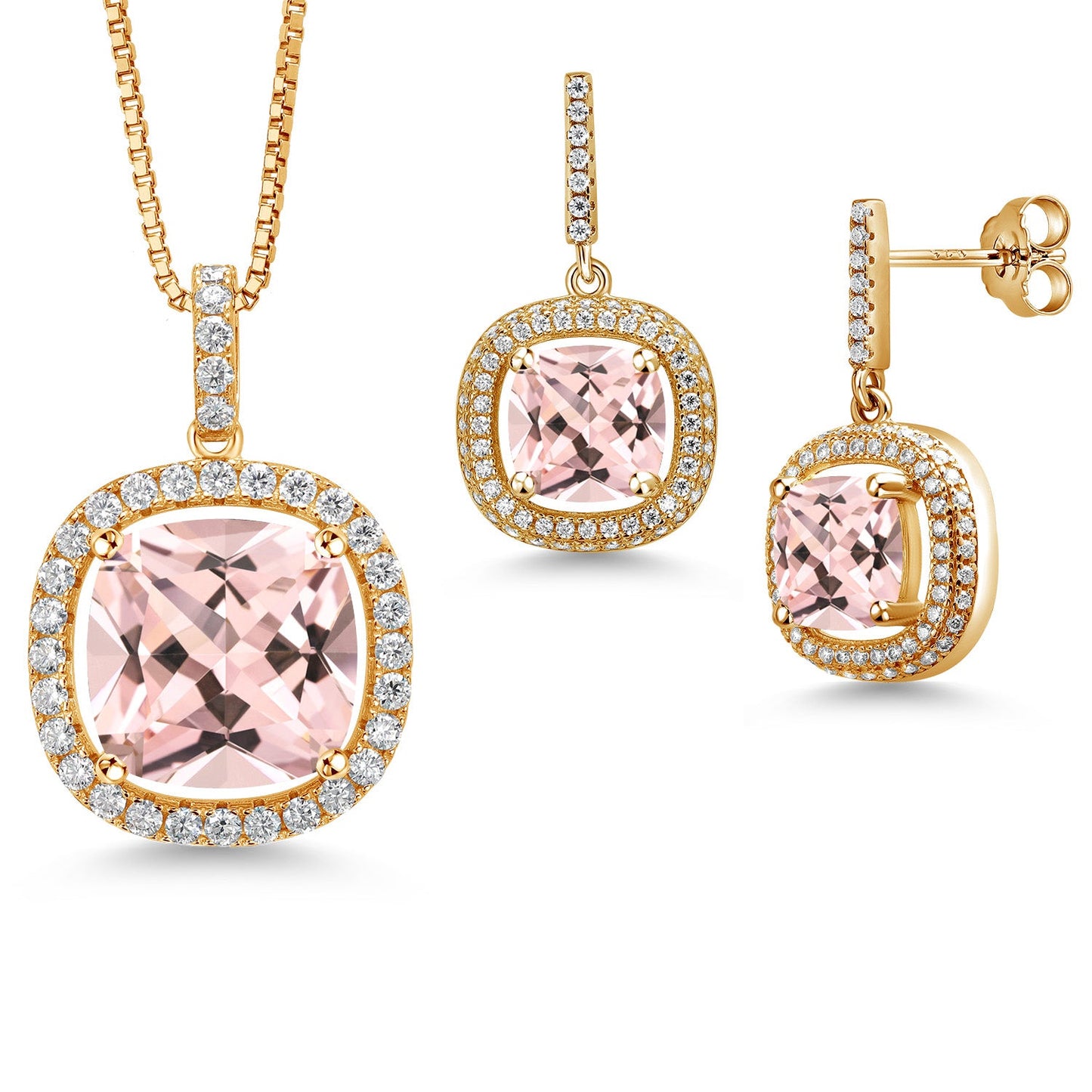 13-20 Cttw Halo Pendant Necklace and Dangle Earrings Set For Women | 925 Sterling Silver | 14MM and 8MM Cushion Cut Gemstone Birthstone and White Moissanite | With 18 inch Chain