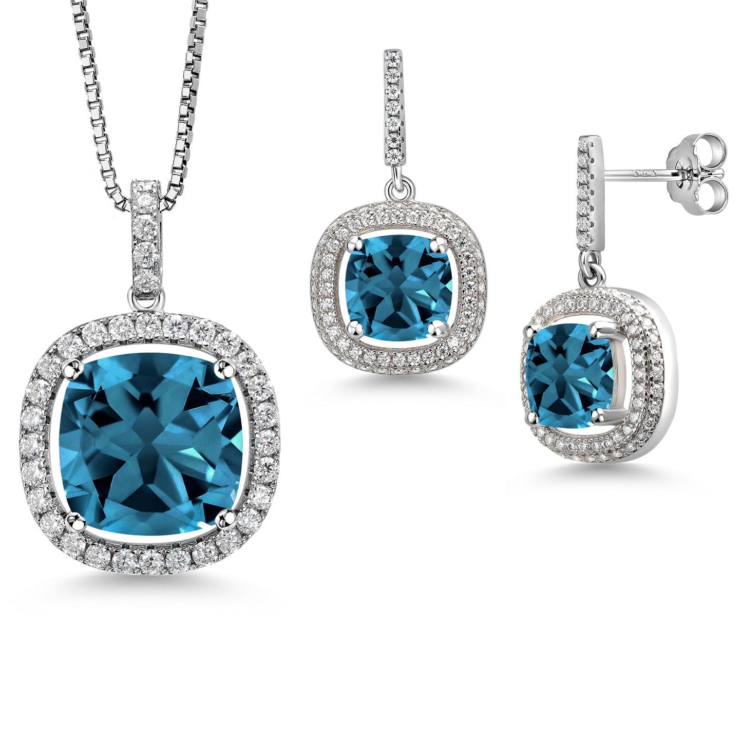13-20 Cttw Halo Pendant Necklace and Dangle Earrings Set For Women | 925 Sterling Silver | 14MM and 8MM Cushion Cut Gemstone Birthstone and White Moissanite | With 18 inch Chain