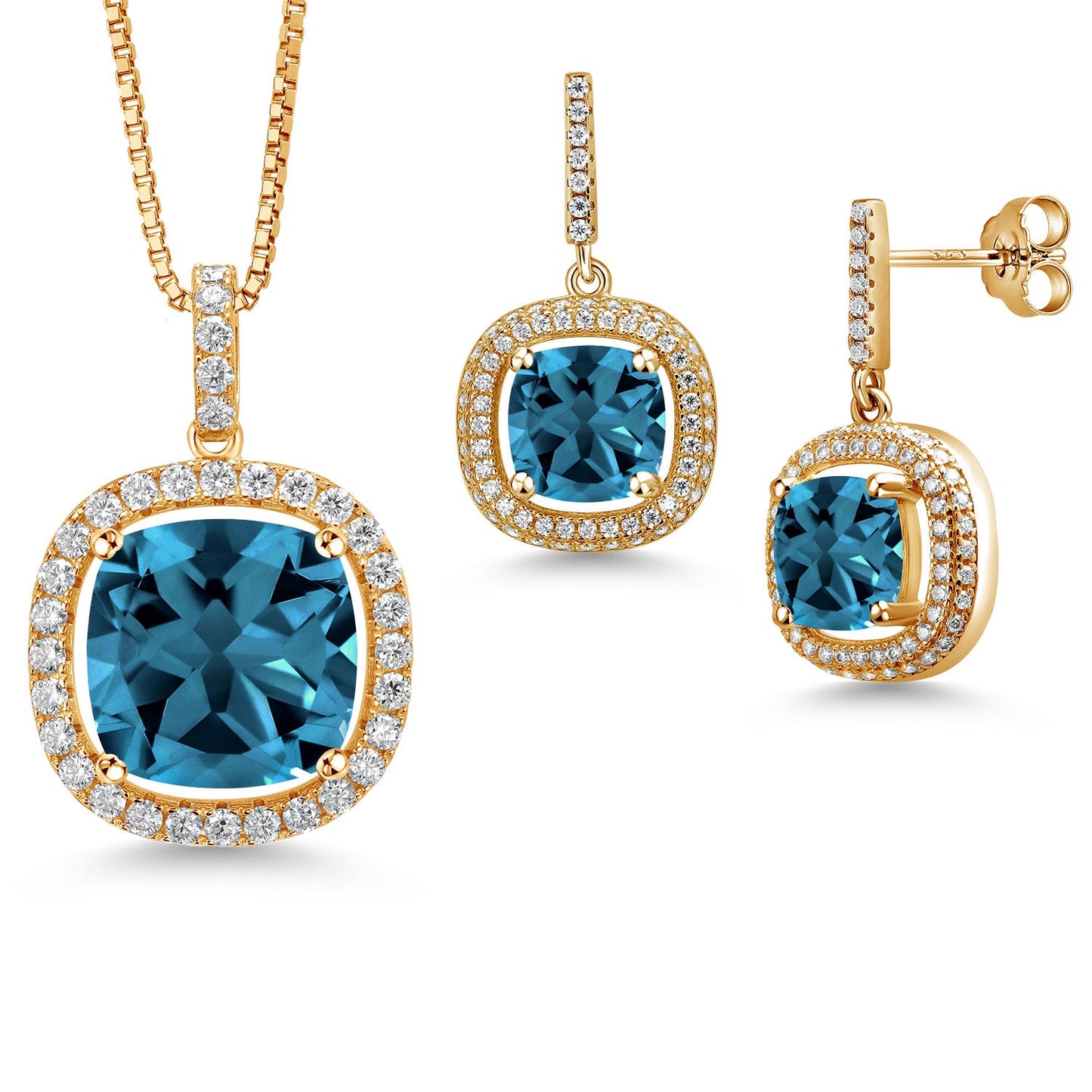 13-20 Cttw Halo Pendant Necklace and Dangle Earrings Set For Women | 925 Sterling Silver | 14MM and 8MM Cushion Cut Gemstone Birthstone and White Moissanite | With 18 inch Chain