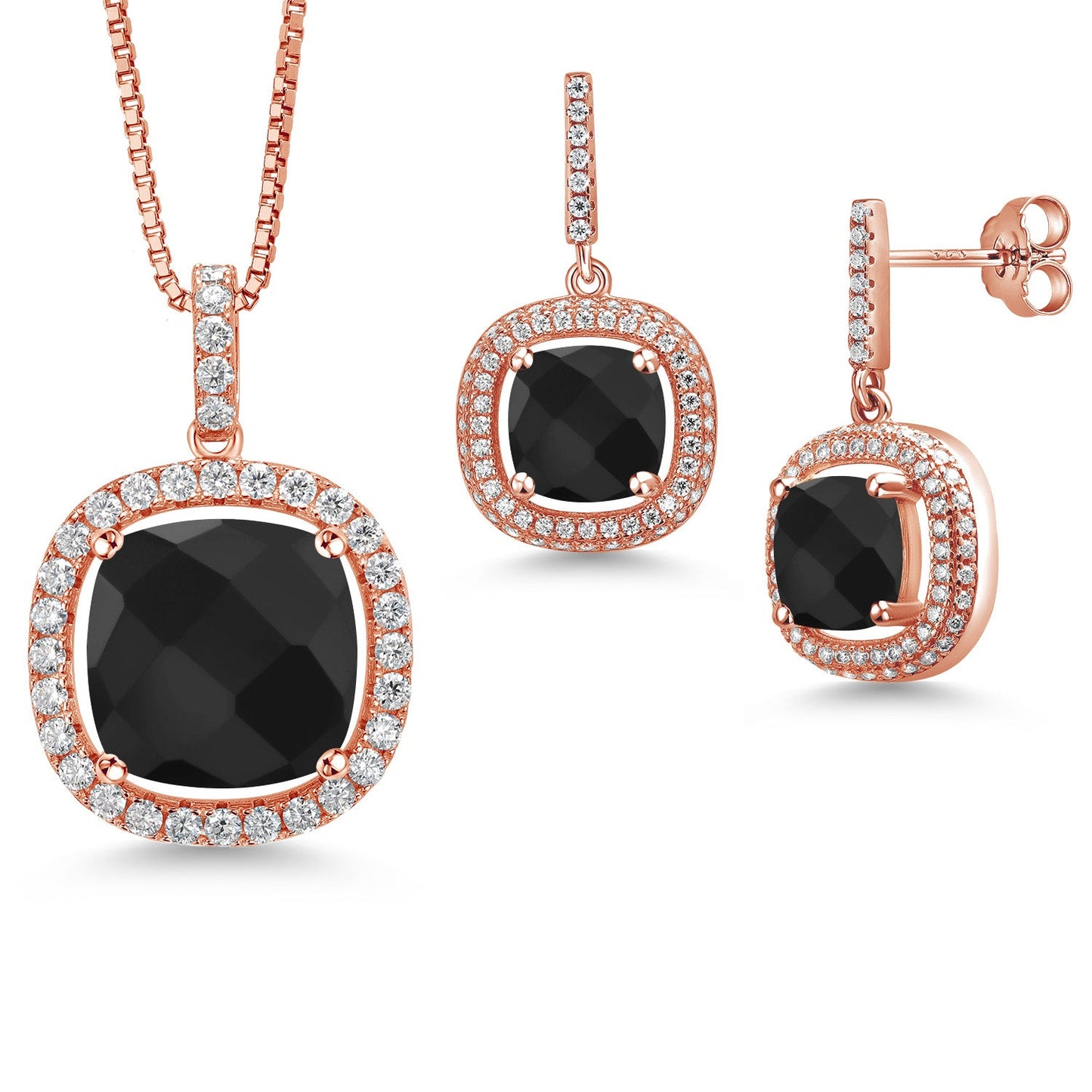 13-20 Cttw Halo Pendant Necklace and Dangle Earrings Set For Women | 925 Sterling Silver | 14MM and 8MM Cushion Cut Gemstone Birthstone and White Moissanite | With 18 inch Chain