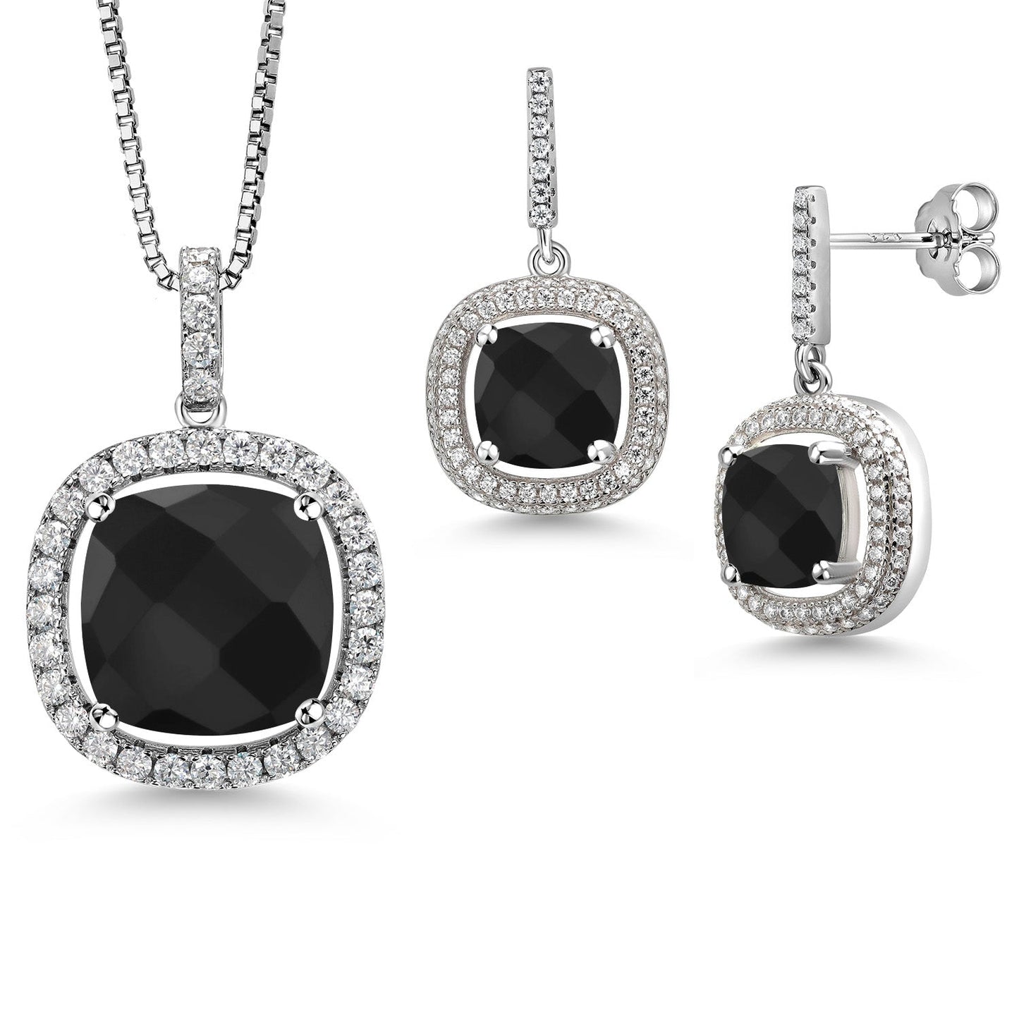 13-20 Cttw Halo Pendant Necklace and Dangle Earrings Set For Women | 925 Sterling Silver | 14MM and 8MM Cushion Cut Gemstone Birthstone and White Moissanite | With 18 inch Chain