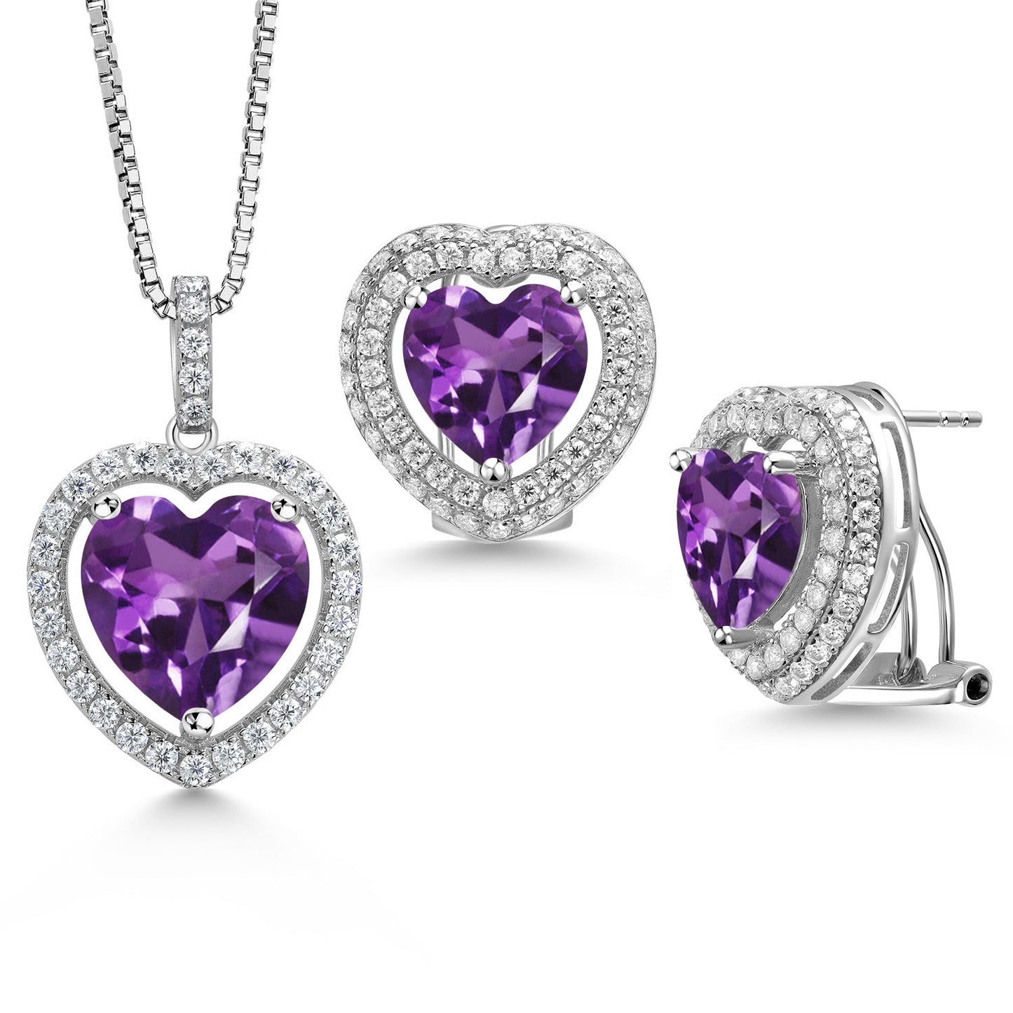 925 Sterling Silver Gemstone Birthstone and White Moissanite Halo Heart Shape Pendant and Earrings Jewelry Set For Women | Heart 12MM and 10MM | With 18 Inch Chain