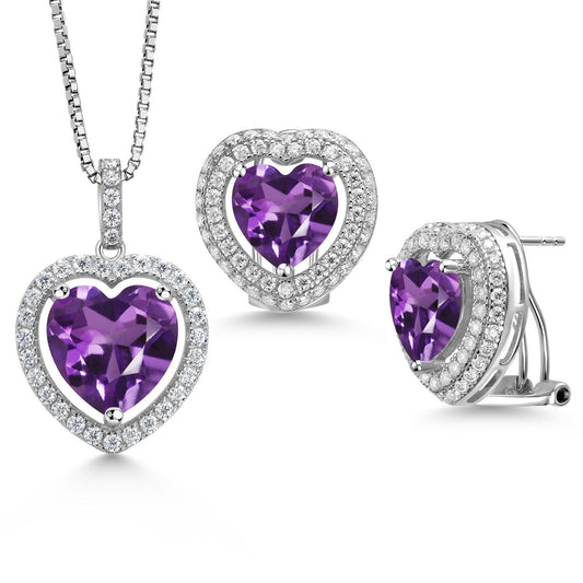925 Sterling Silver Gemstone Birthstone and White Moissanite Halo Heart Shape Pendant and Earrings Jewelry Set For Women | Heart 12MM and 10MM | With 18 Inch Chain