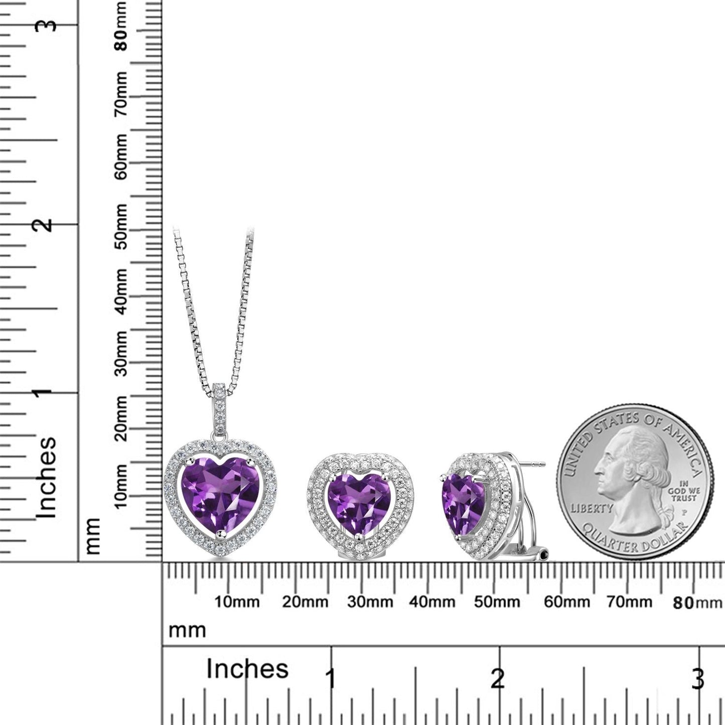 925 Sterling Silver Gemstone Birthstone and White Moissanite Halo Heart Shape Pendant and Earrings Jewelry Set For Women | Heart 12MM and 10MM | With 18 Inch Chain