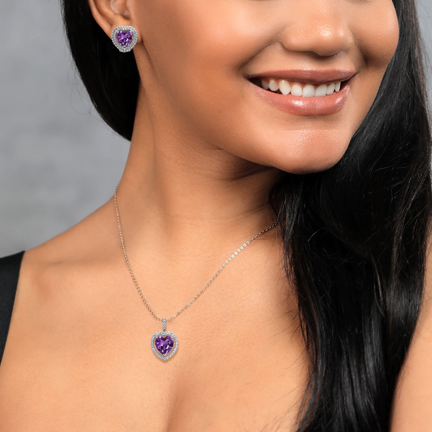 925 Sterling Silver Gemstone Birthstone and White Moissanite Halo Heart Shape Pendant and Earrings Jewelry Set For Women | Heart 12MM and 10MM | With 18 Inch Chain