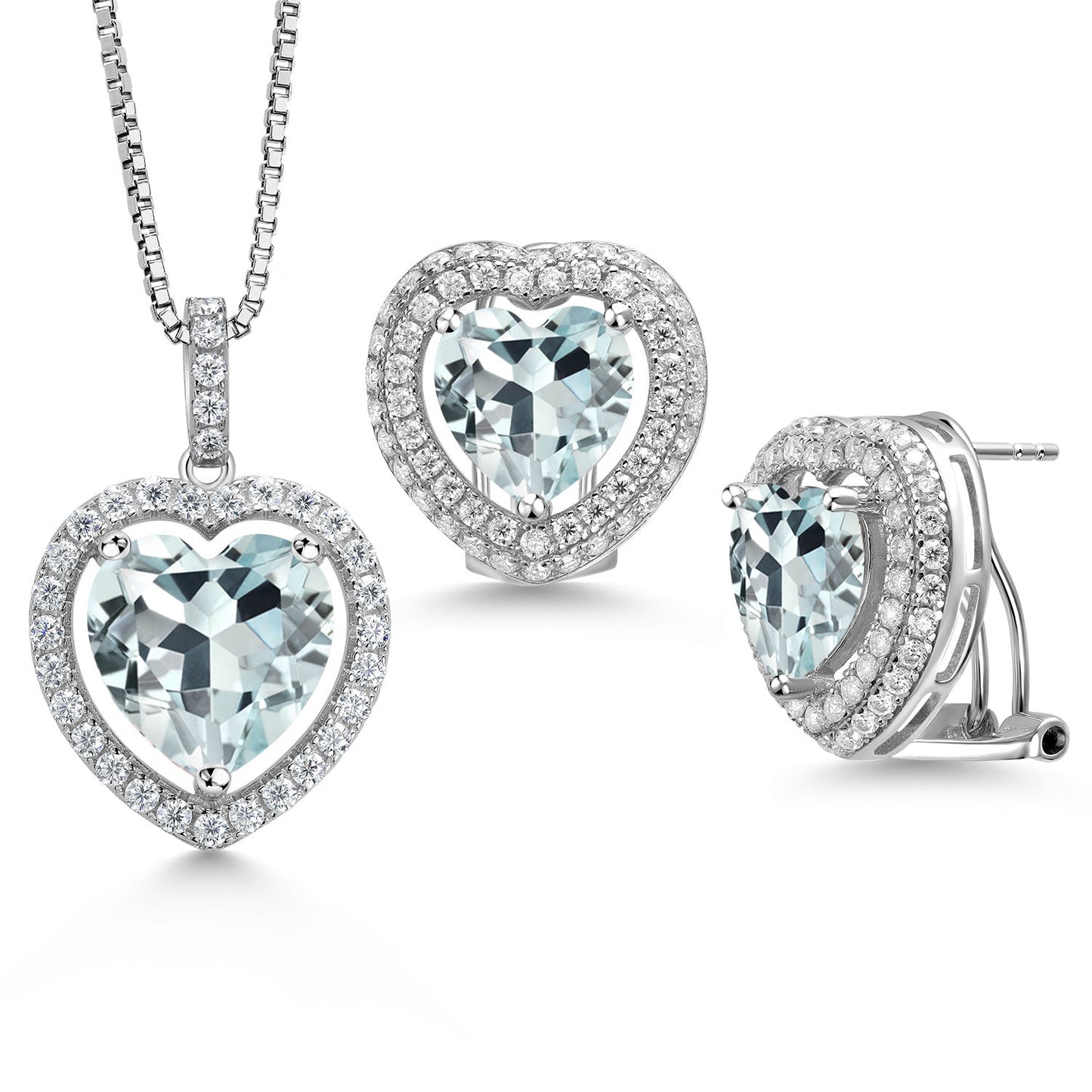 925 Sterling Silver Gemstone Birthstone and White Moissanite Halo Heart Shape Pendant and Earrings Jewelry Set For Women | Heart 12MM and 10MM | With 18 Inch Chain