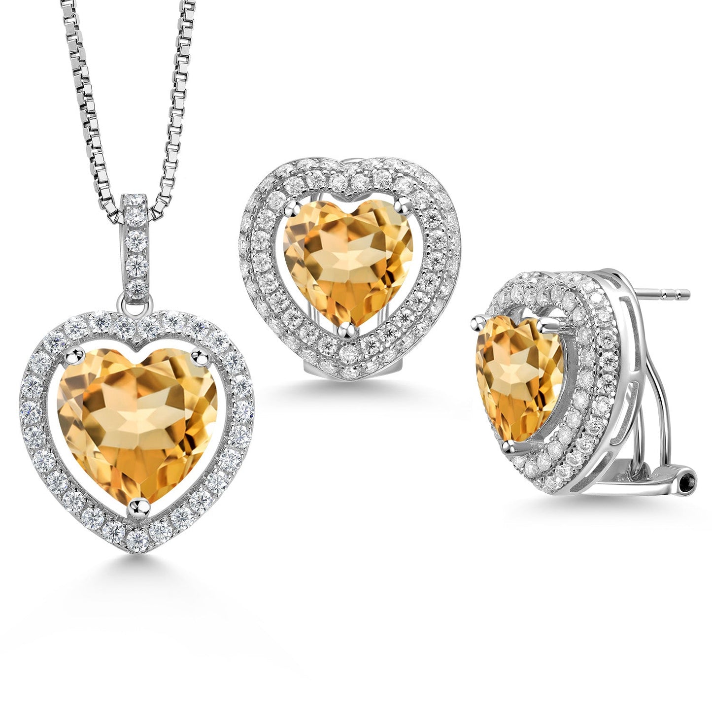 925 Sterling Silver Gemstone Birthstone and White Moissanite Halo Heart Shape Pendant and Earrings Jewelry Set For Women | Heart 12MM and 10MM | With 18 Inch Chain