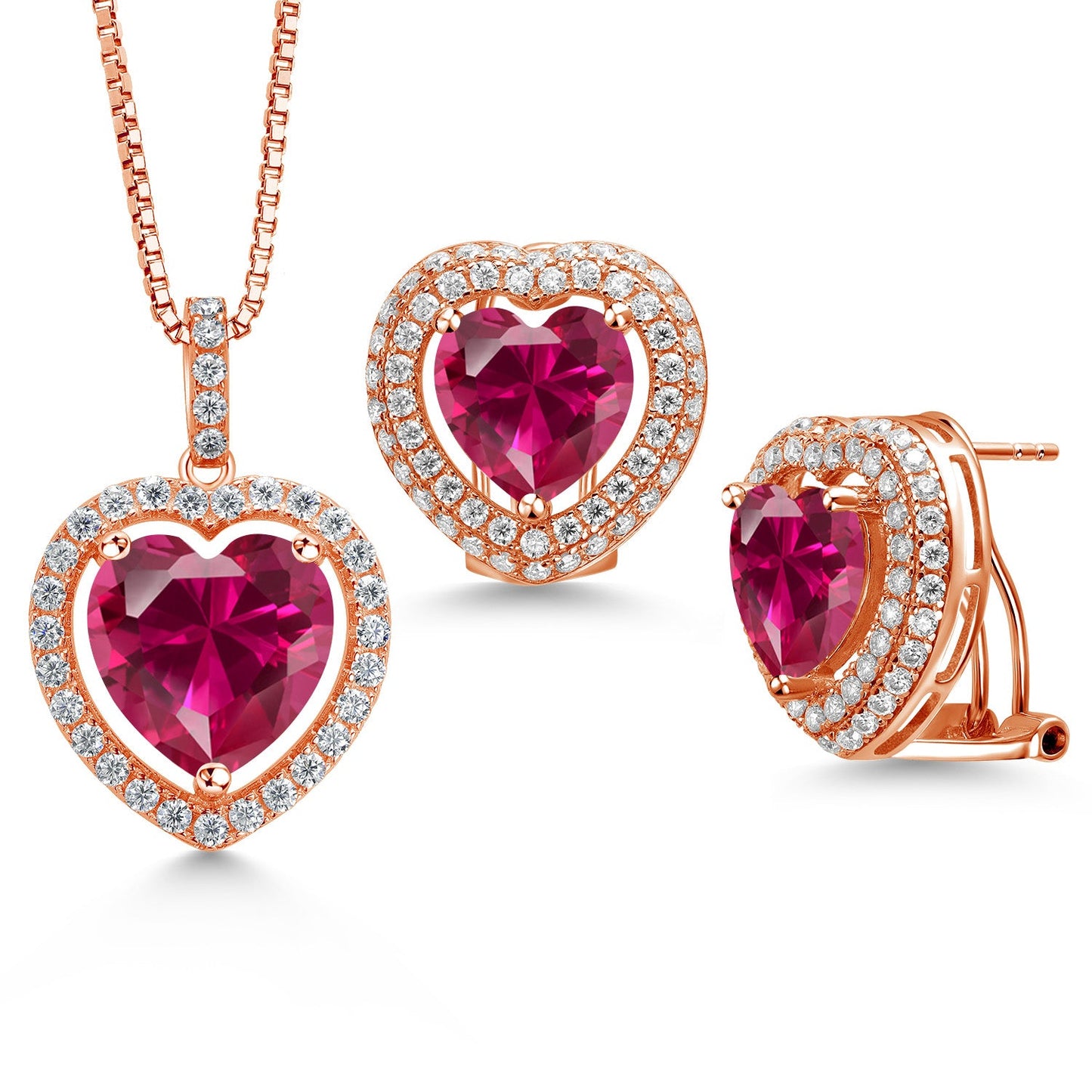 925 Sterling Silver Gemstone Birthstone and White Moissanite Halo Heart Shape Pendant and Earrings Jewelry Set For Women | Heart 12MM and 10MM | With 18 Inch Chain