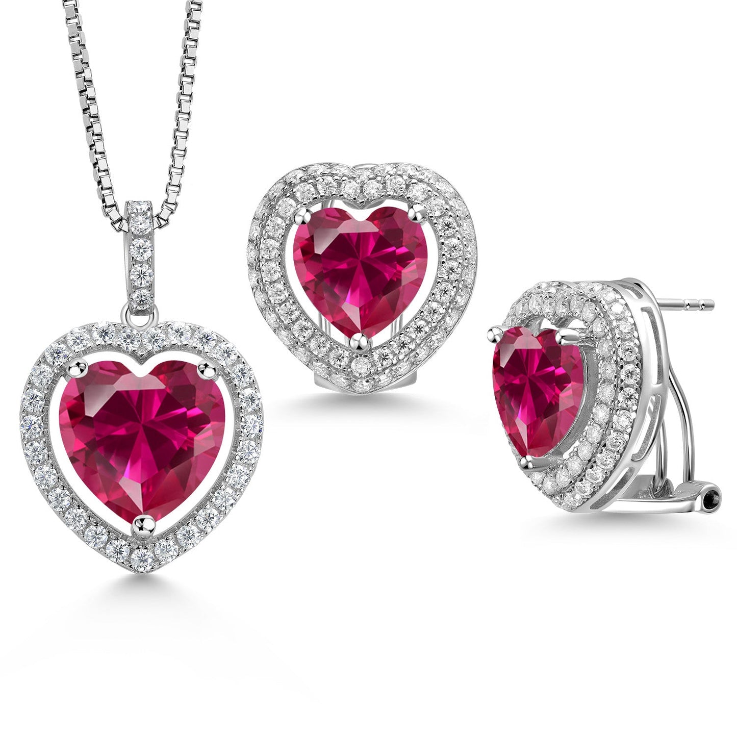 925 Sterling Silver Gemstone Birthstone and White Moissanite Halo Heart Shape Pendant and Earrings Jewelry Set For Women | Heart 12MM and 10MM | With 18 Inch Chain