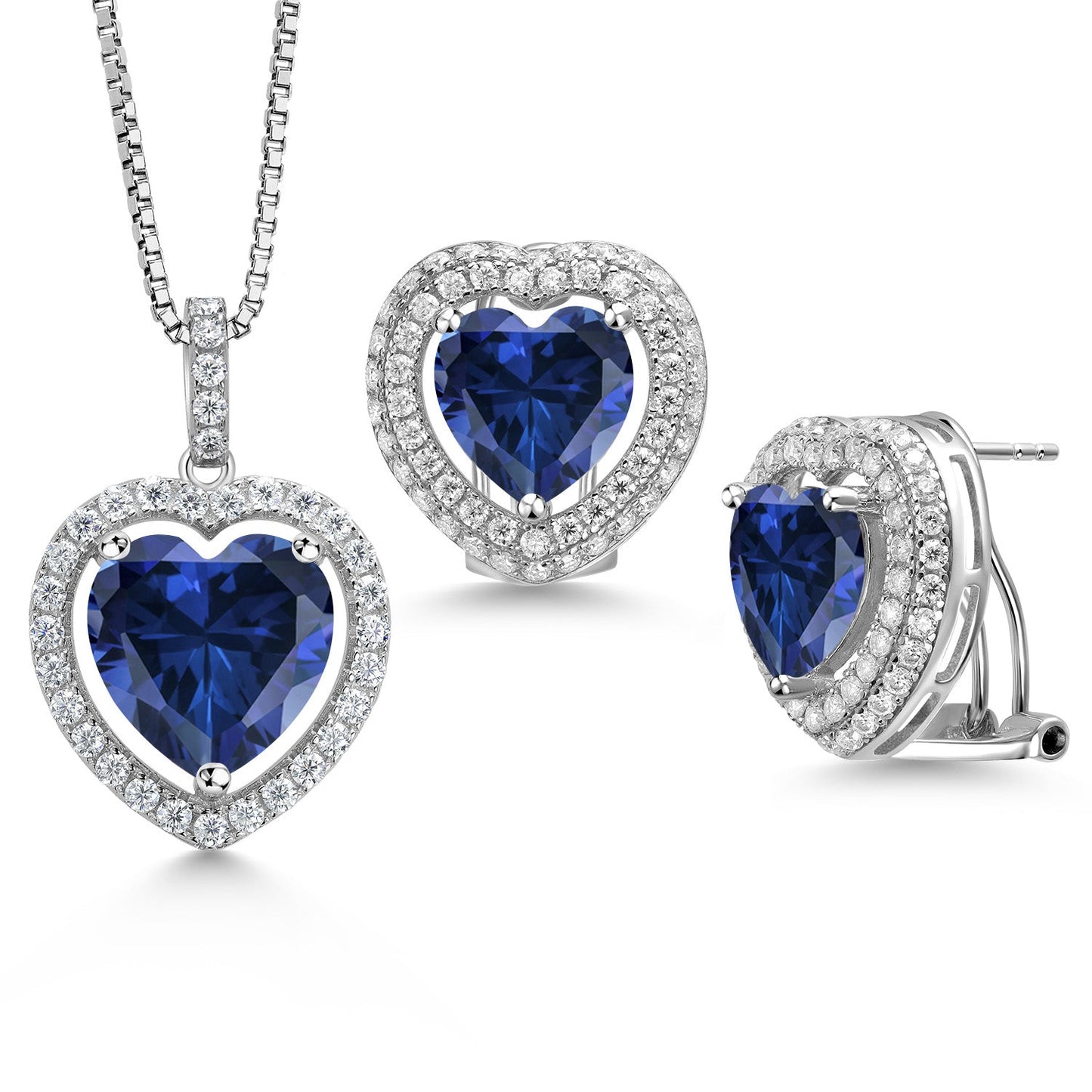 925 Sterling Silver Gemstone Birthstone and White Moissanite Halo Heart Shape Pendant and Earrings Jewelry Set For Women | Heart 12MM and 10MM | With 18 Inch Chain