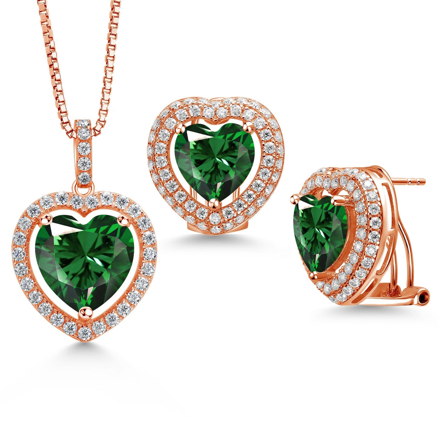 925 Sterling Silver Gemstone Birthstone and White Moissanite Halo Heart Shape Pendant and Earrings Jewelry Set For Women | Heart 12MM and 10MM | With 18 Inch Chain