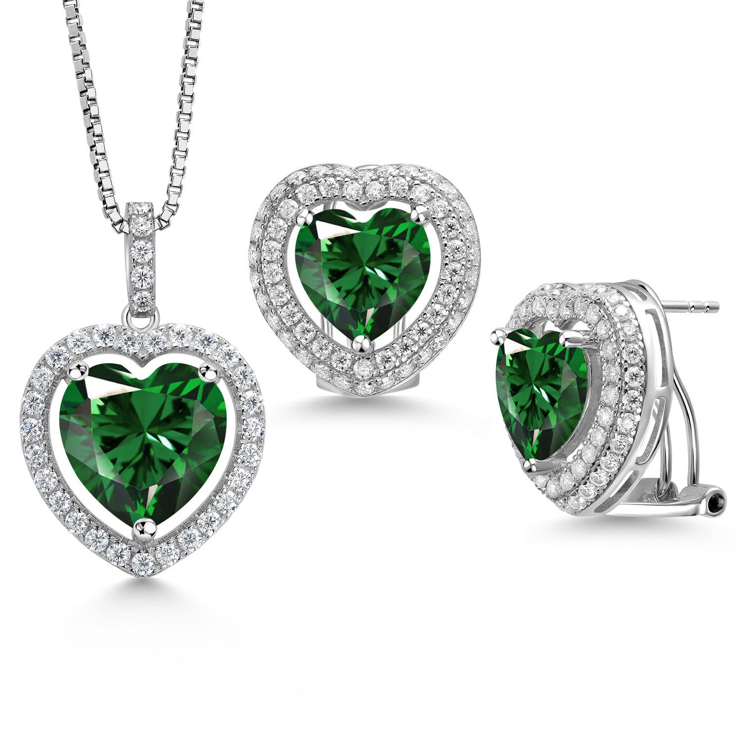 925 Sterling Silver Gemstone Birthstone and White Moissanite Halo Heart Shape Pendant and Earrings Jewelry Set For Women | Heart 12MM and 10MM | With 18 Inch Chain