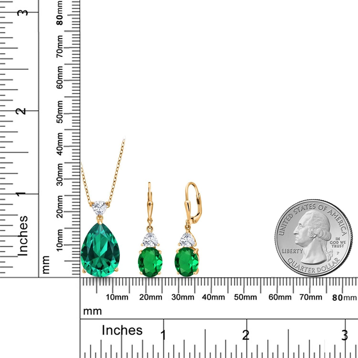 18K Yellow Gold Plated Silver Green Nano Emerald and White Moissanite Pendant Earrings Jewelry Set For Women (14.66 Cttw, Pear Shape 18X13MM, with 18 Inch Chain)