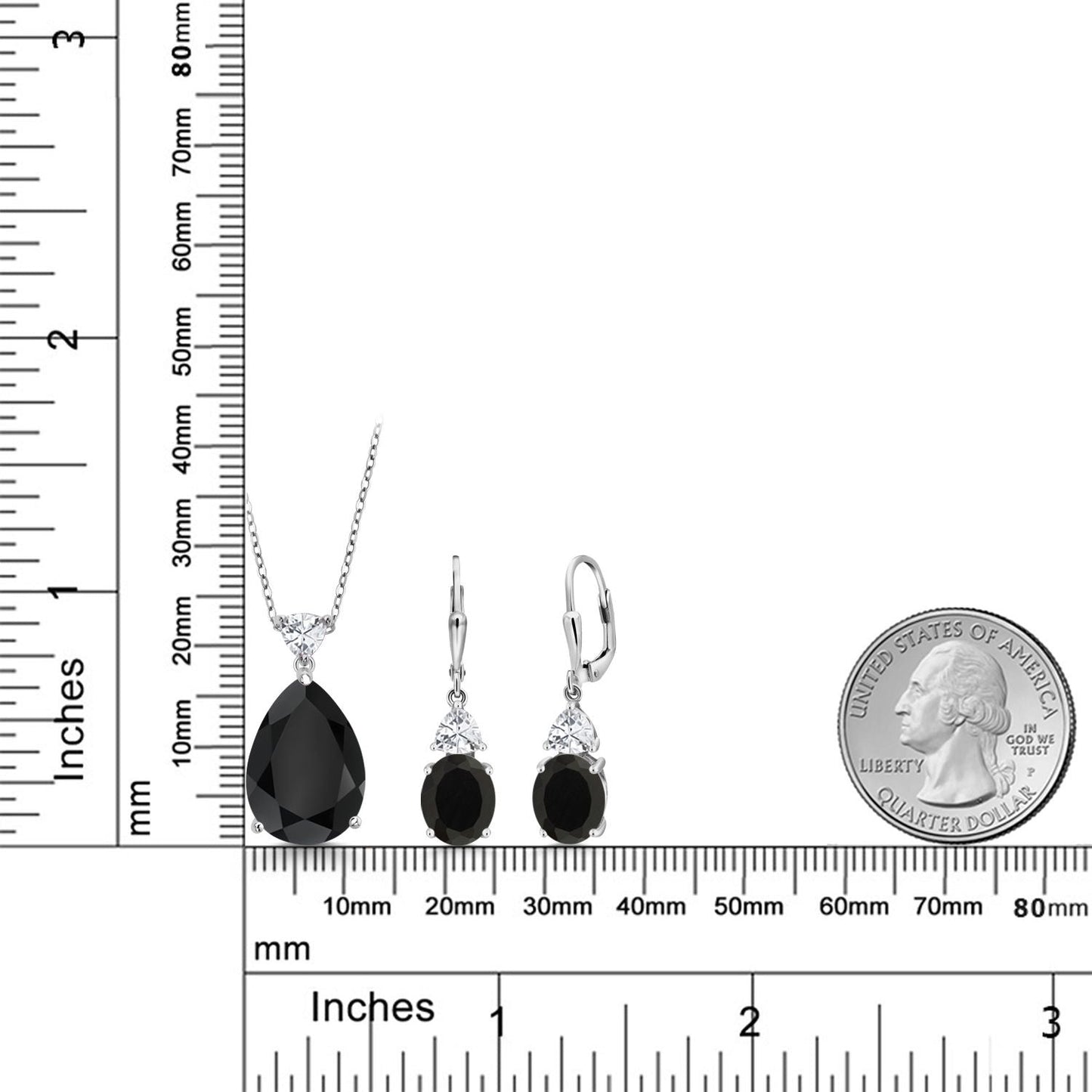 925 Sterling Silver Black Onyx and White Zirconia Pendant Earrings Jewelry Set For Women (17.22 Cttw, Pear Shape 18X13MM, with 18 Inch Chain)