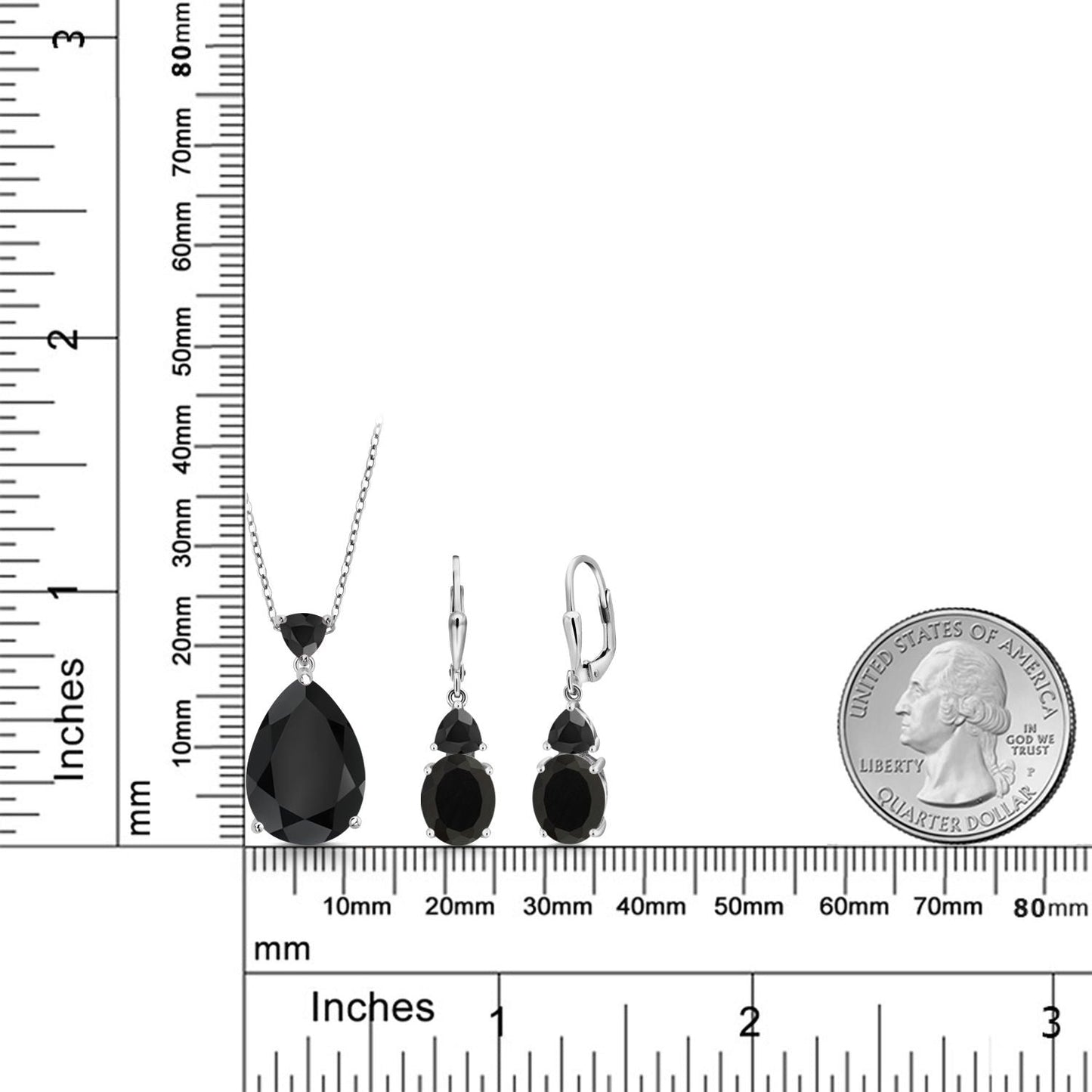 925 Sterling Silver Black Onyx Pendant Earrings Jewelry Set For Women (15.99 Cttw, Pear Shape 18X13MM, Gemstone December Birthstone, with 18 Inch Chain)