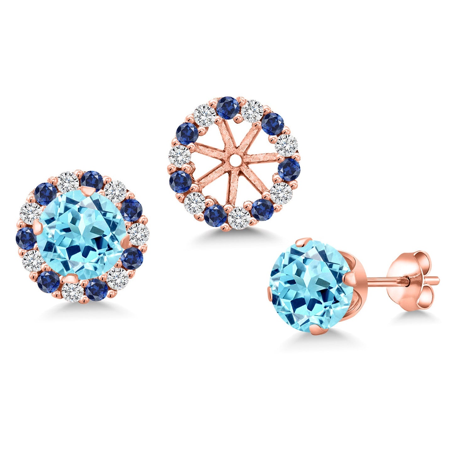 18K Rose Gold Plated Silver 6MM Round Gemstone Birthstone Halo Stud Earrings for Women with Removable Jackets