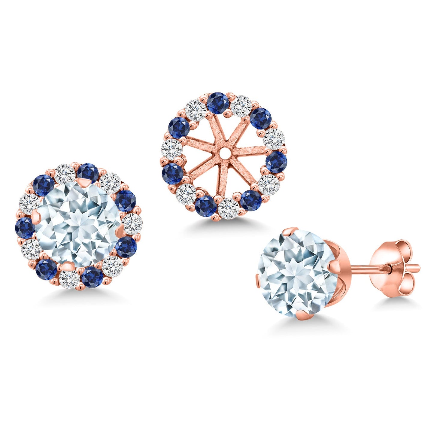 18K Rose Gold Plated Silver 6MM Round Gemstone Birthstone Halo Stud Earrings for Women with Removable Jackets