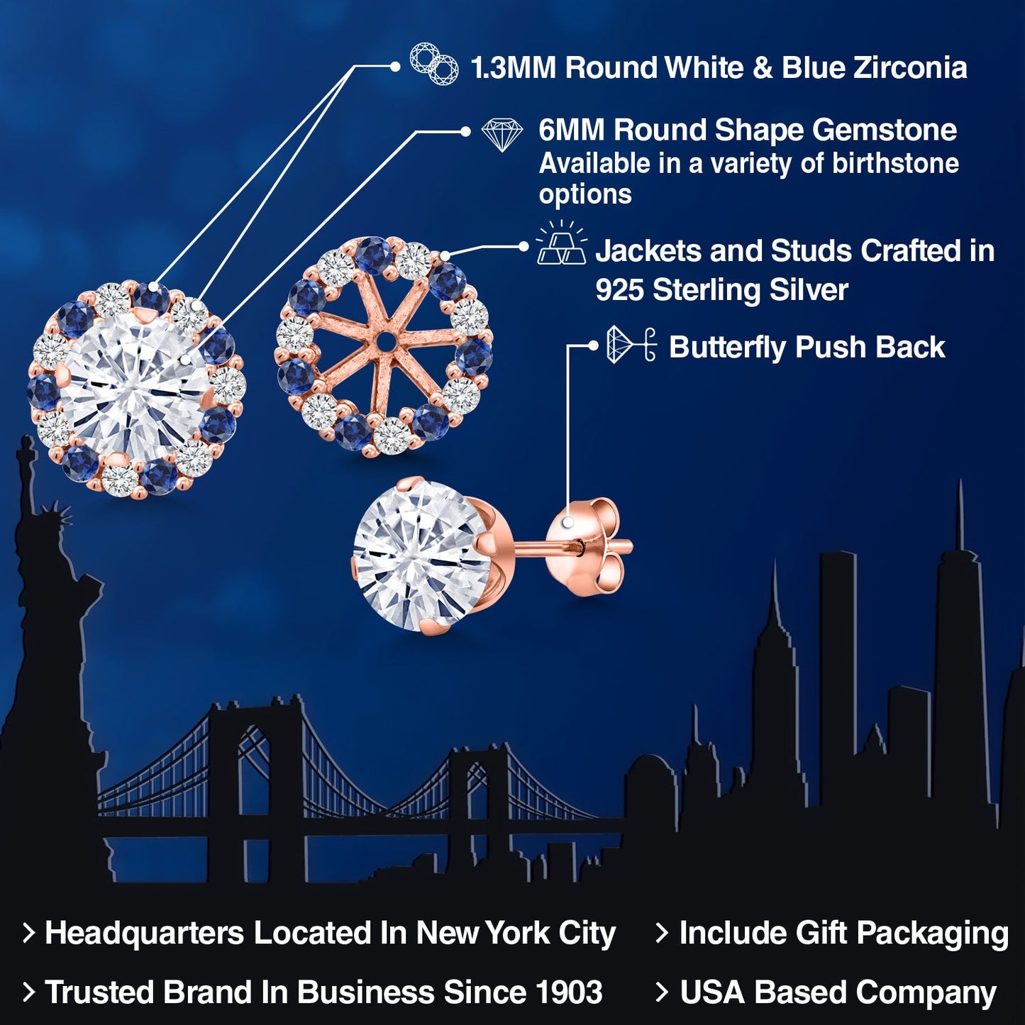 18K Rose Gold Plated Silver Forever Classic Moissanite Earrings with Jackets For Women | 1.60 Cttw | Gemstone Birthstone | Round 6MM