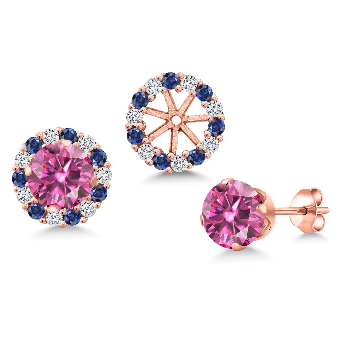 18K Rose Gold Plated Silver 6MM Round Gemstone Birthstone Halo Stud Earrings for Women with Removable Jackets