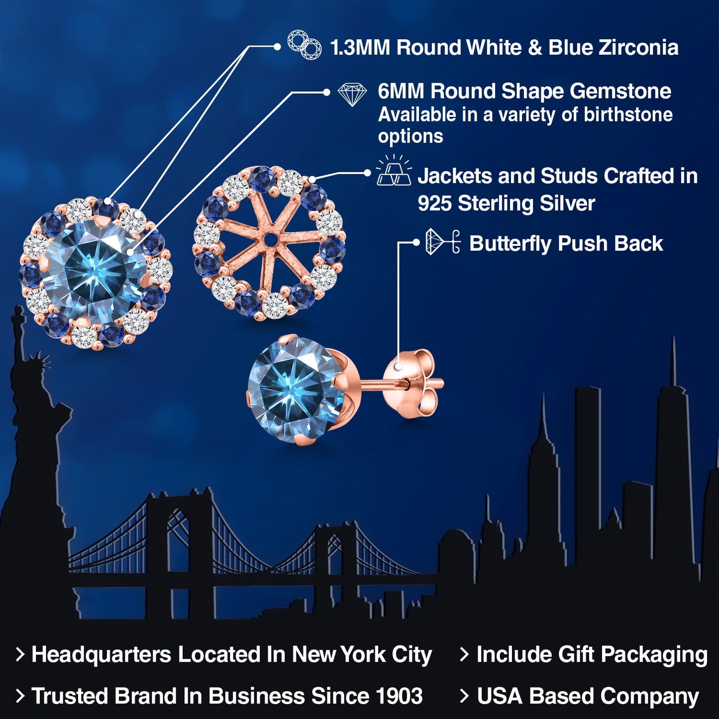 18K Rose Gold Plated Silver 6MM Round Gemstone Birthstone Halo Stud Earrings for Women with Removable Jackets