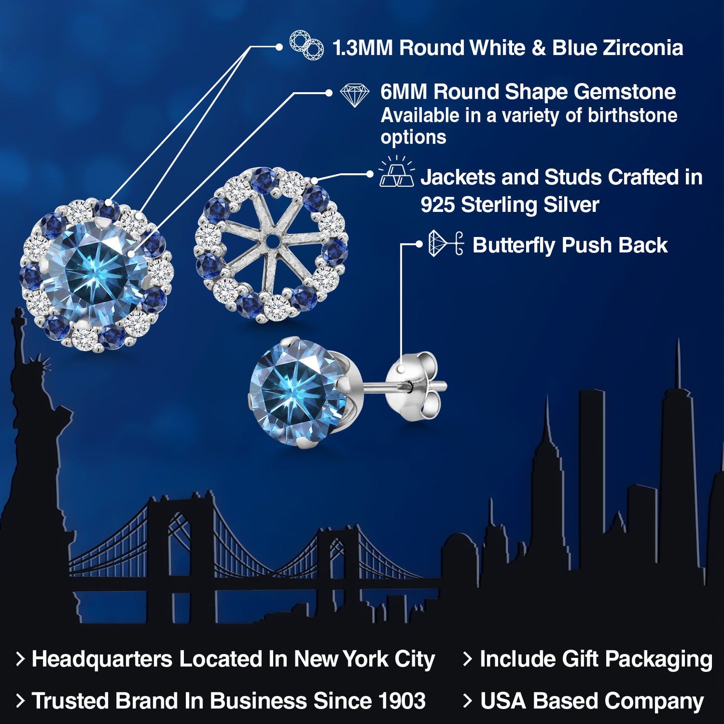 925 Sterling Silver 6MM Round Gemstone Birthstone Halo Stud Earrings for Women with Removable Jackets