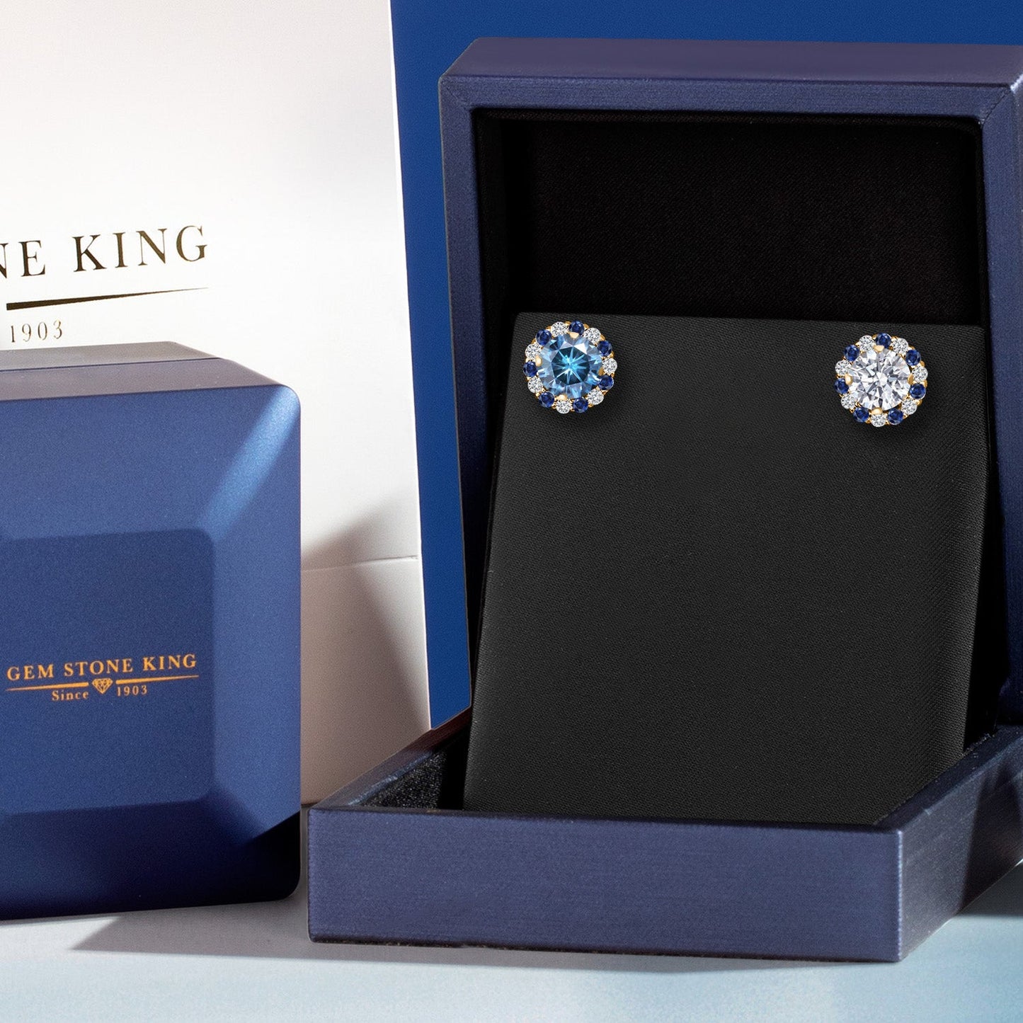 18K Yellow Gold Plated 6MM Round Gemstone Birthstone Halo Stud Earrings for Women with Removable Jackets