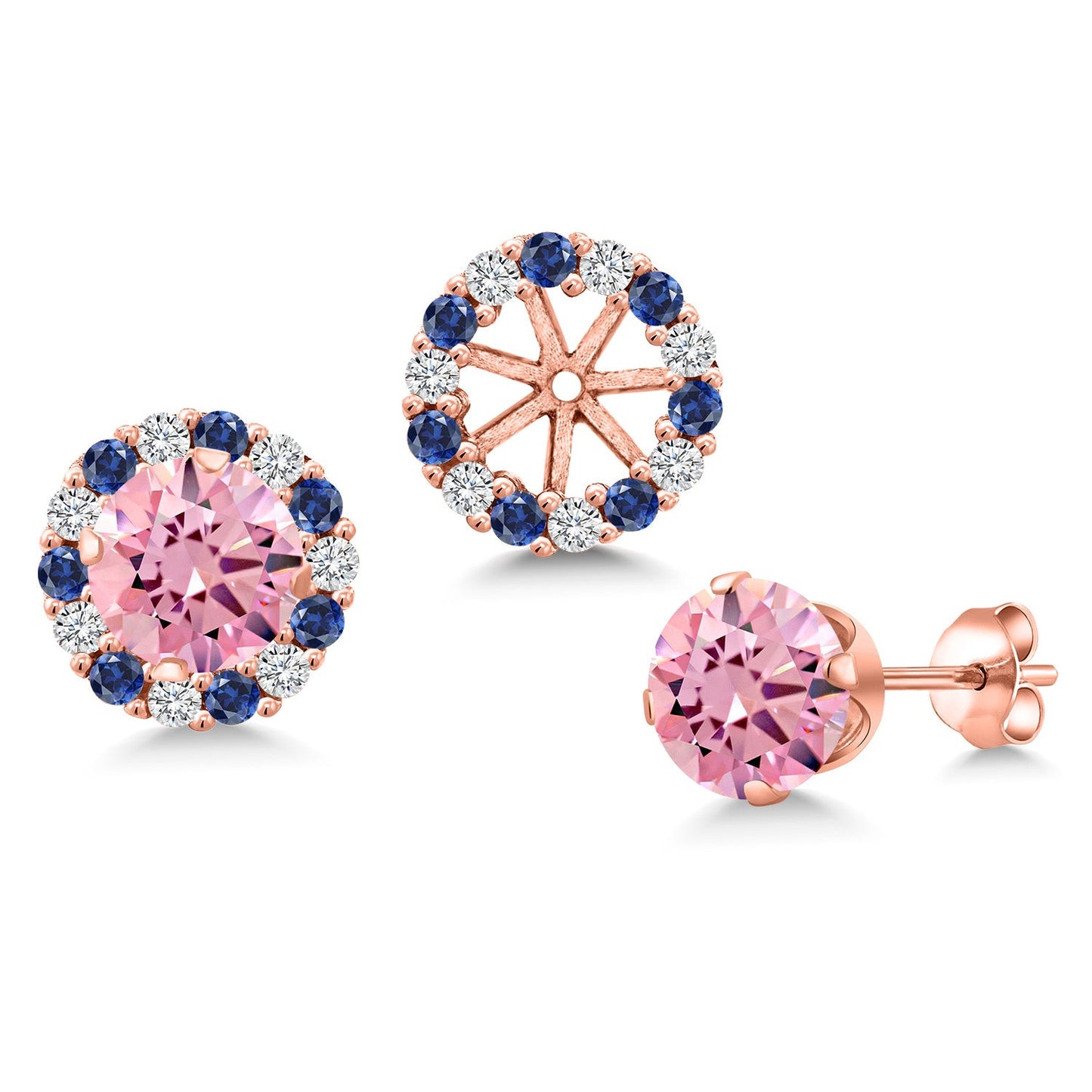 18K Rose Gold Plated Silver 6MM Round Gemstone Birthstone Halo Stud Earrings for Women with Removable Jackets